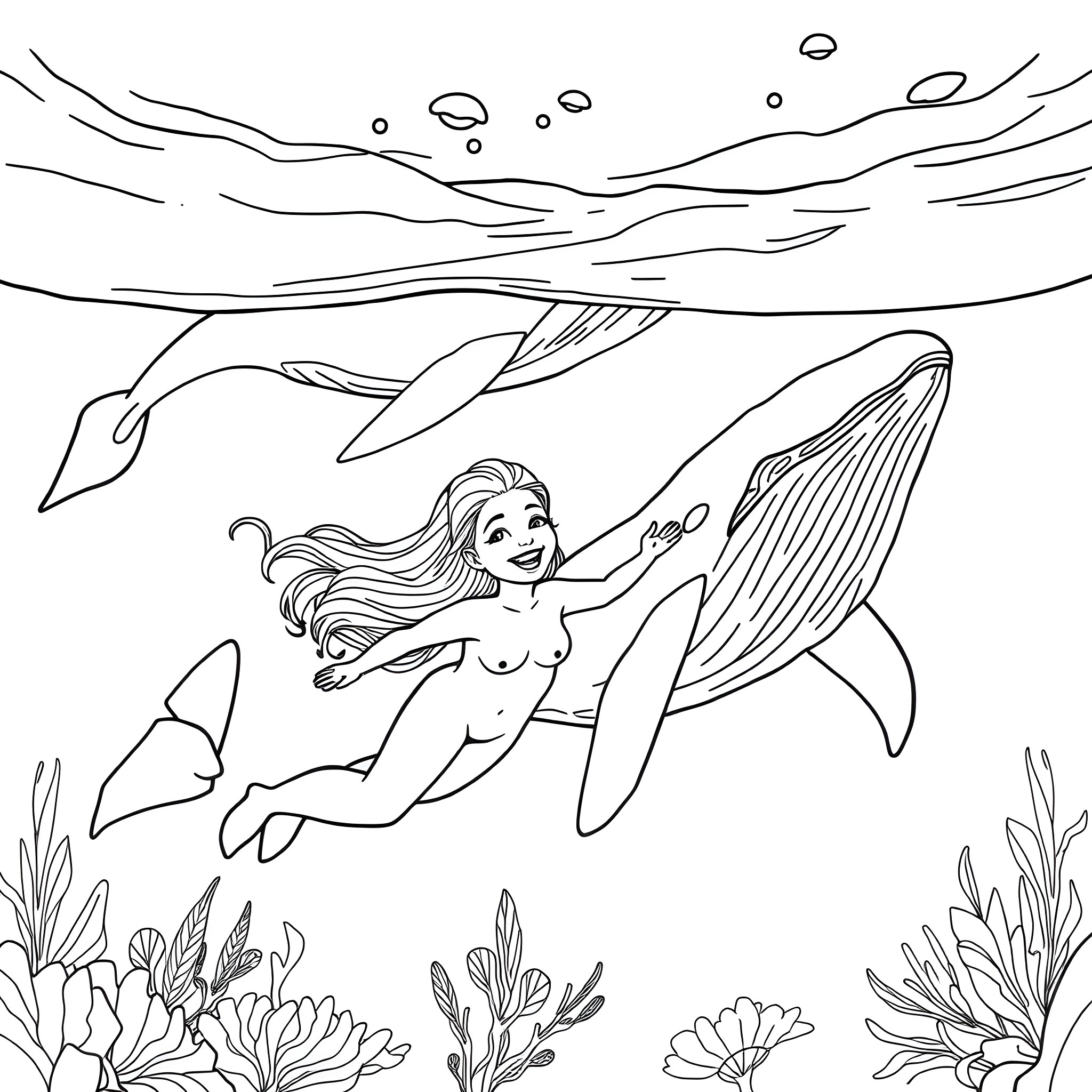 Shakira's underwater dance with sea creatures Coloring Page (free black-and-white line drawing printable PDF for all, from beginners to advanced learners, including children, teens, adults, and seniors)