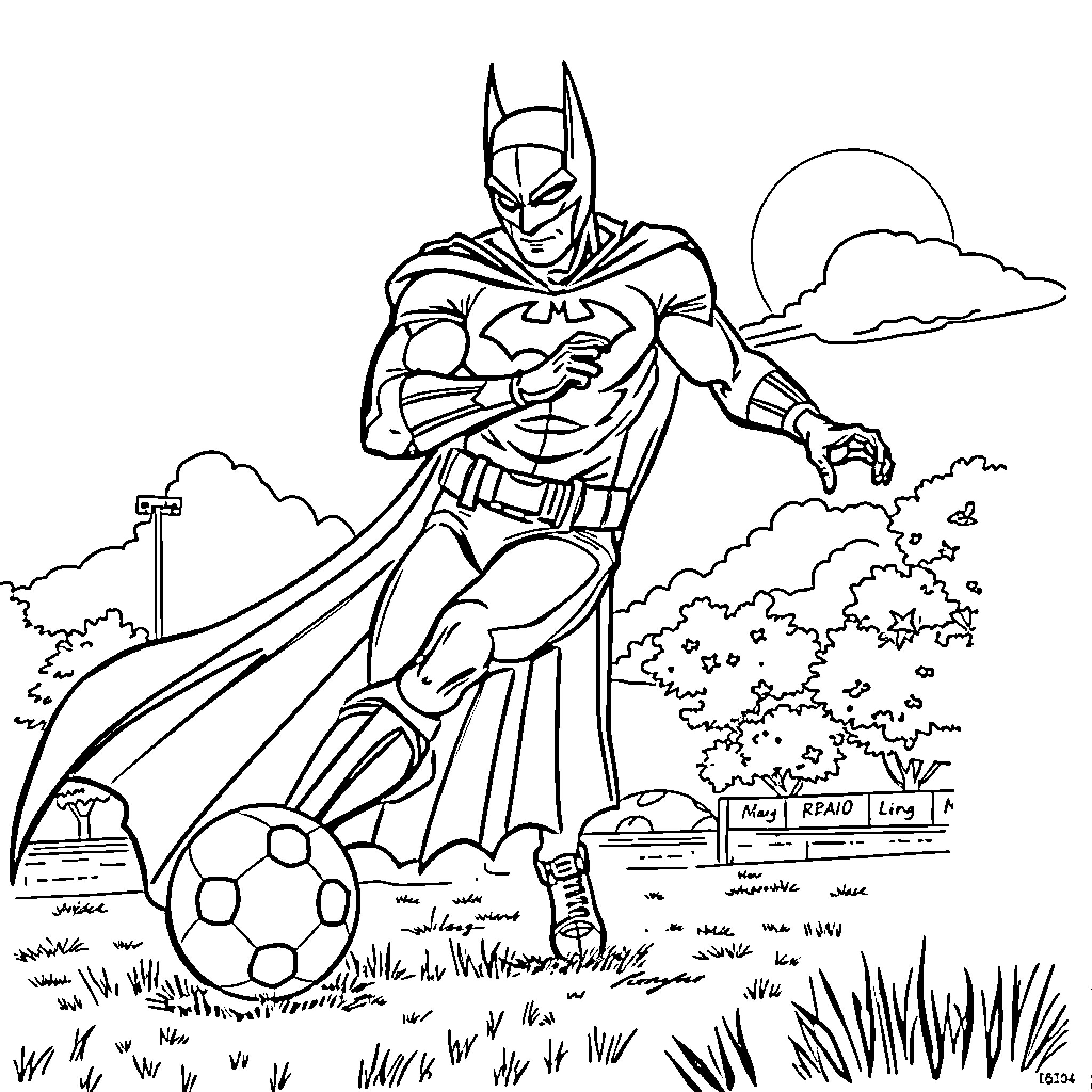 Batman in action with soccer ball on field Coloring Page (free black-and-white line drawing printable PDF for all, from beginners to advanced learners, including children, teens, adults, and seniors)