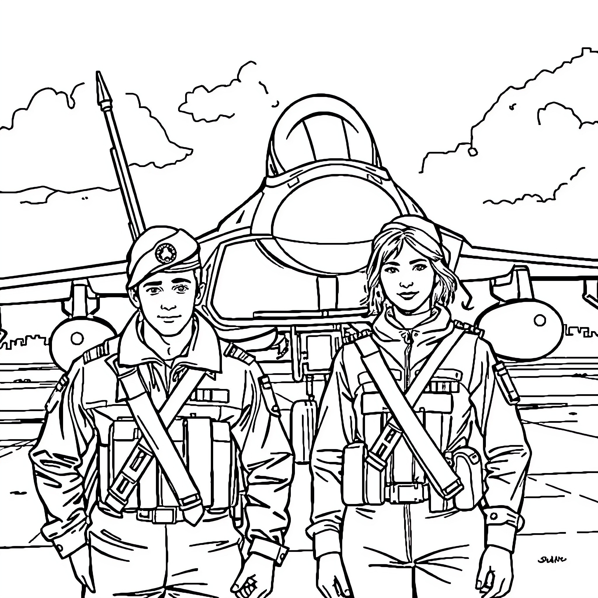 Rafale Fighter Pilots in Action Coloring Page (free black-and-white line drawing printable PDF for all, from beginners to advanced learners, including children, teens, adults, and seniors)