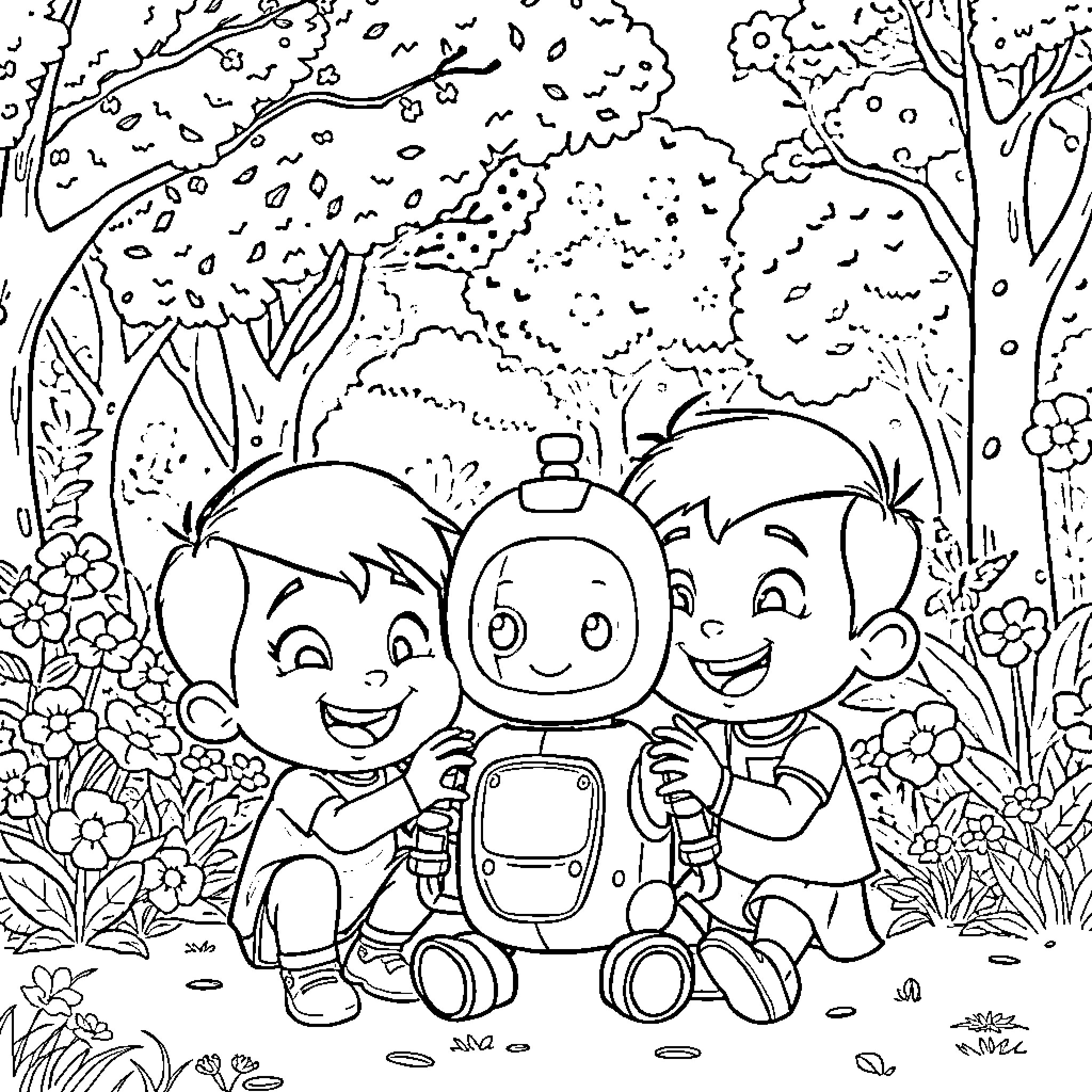 Kid friends explore the forest together Coloring Page (free black-and-white line drawing printable PDF for all, from beginners to advanced learners, including children, teens, adults, and seniors)