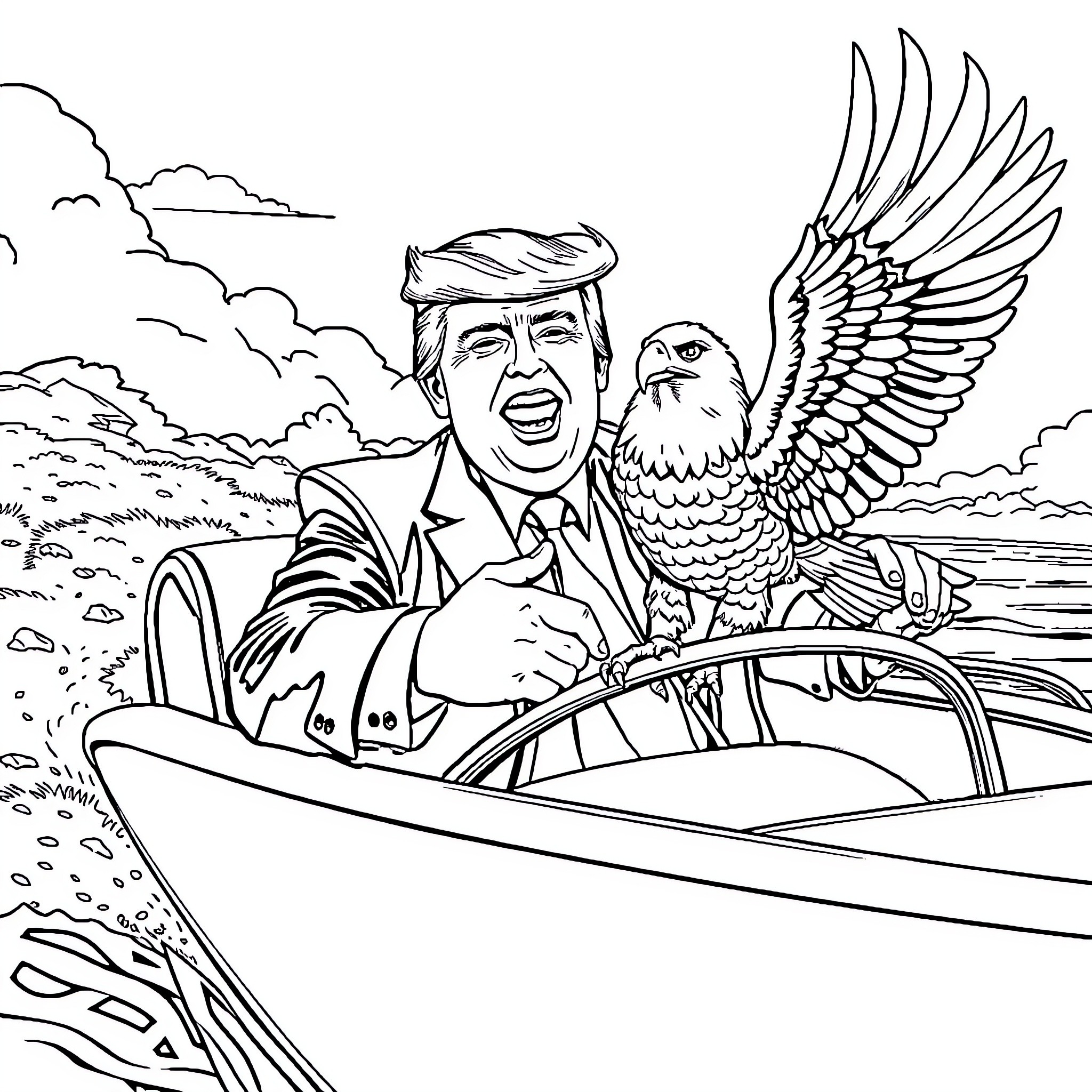 Donald Trump Driving in Boat with Soaring Eagle Coloring Page (free black-and-white line drawing printable PDF for all, from beginners to advanced learners, including children, teens, adults, and seniors)