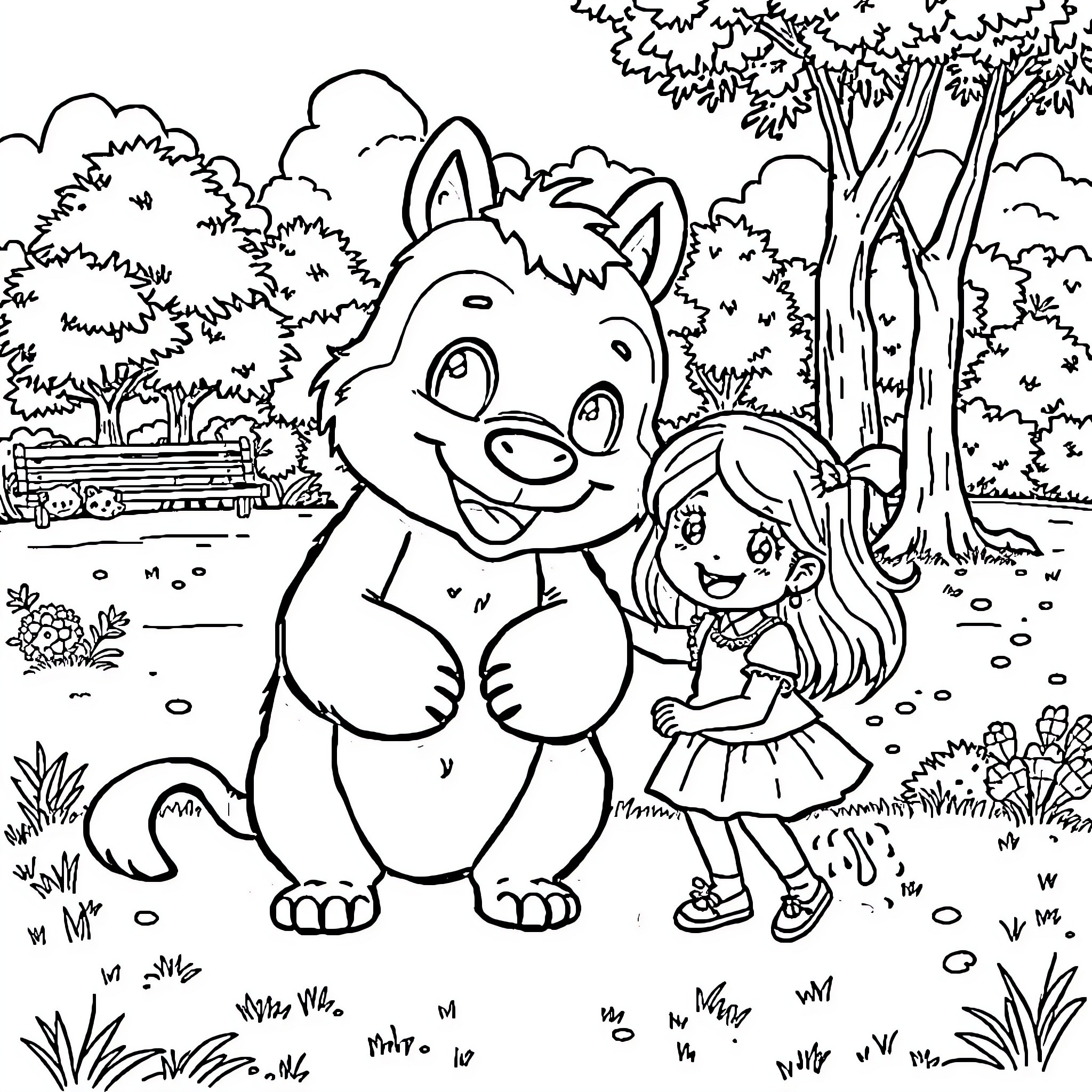 Labubu and a cheerful girl in the forest Coloring Page (free black-and-white line drawing printable PDF for all, from beginners to advanced learners, including children, teens, adults, and seniors)