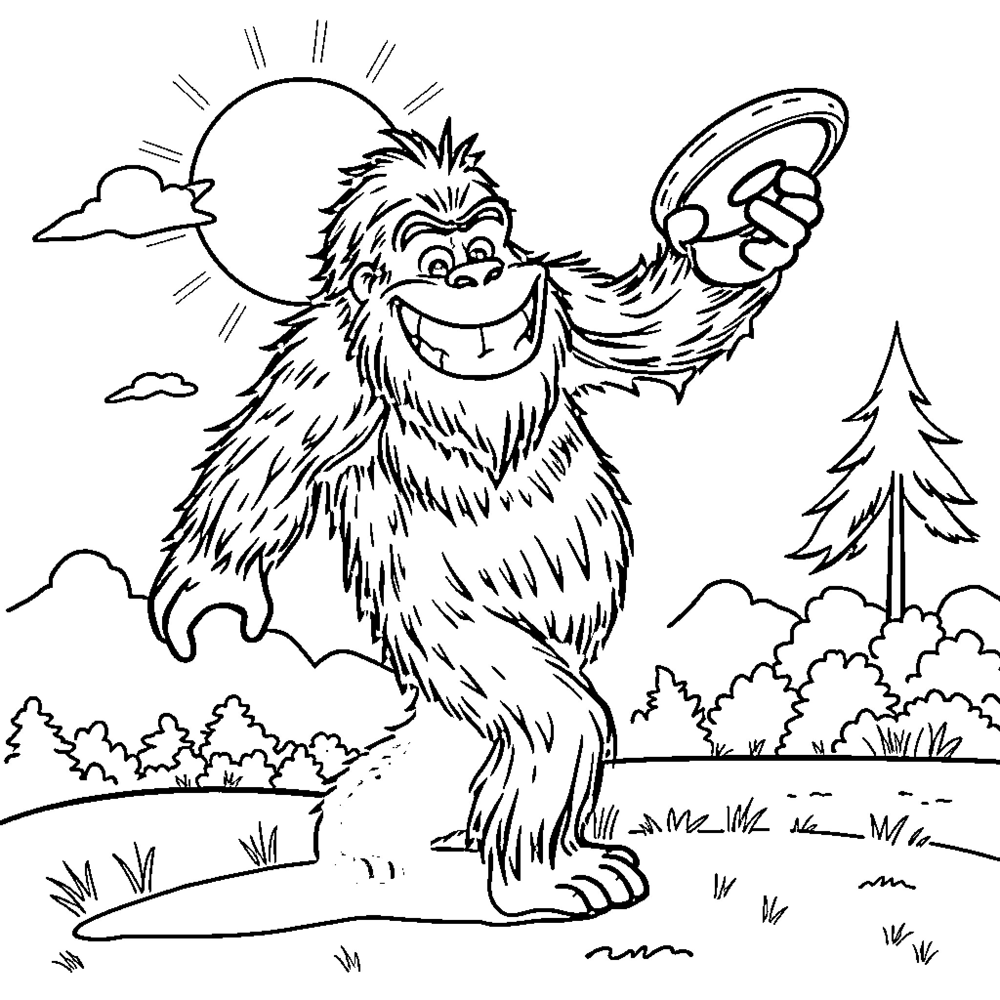Bigfoot enjoying the sunny outdoors Coloring Page (free black-and-white line drawing printable PDF for all, from beginners to advanced learners, including children, teens, adults, and seniors)