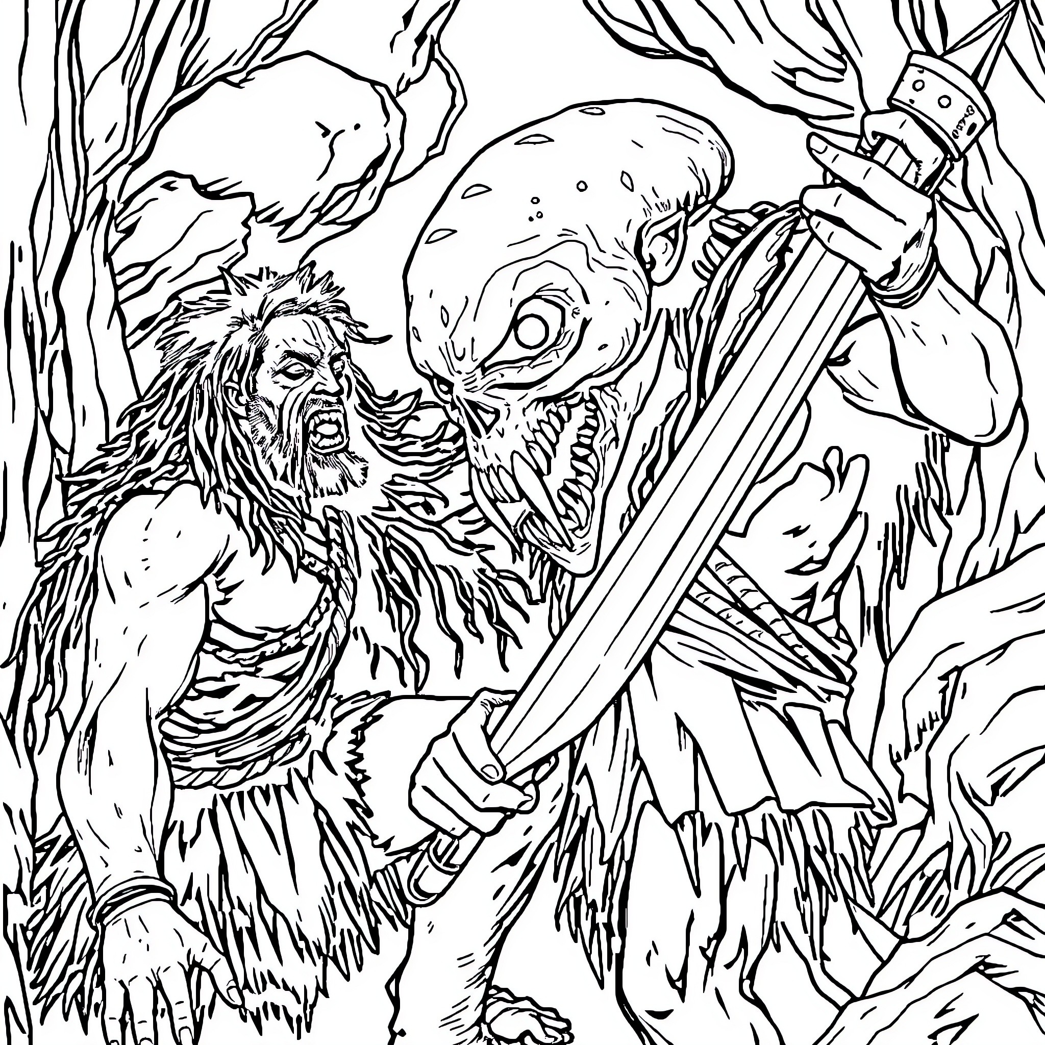Caveman fighting a monstrous creature in the wilderness Coloring Page (free black-and-white line drawing printable PDF for all, from beginners to advanced learners, including children, teens, adults, and seniors)