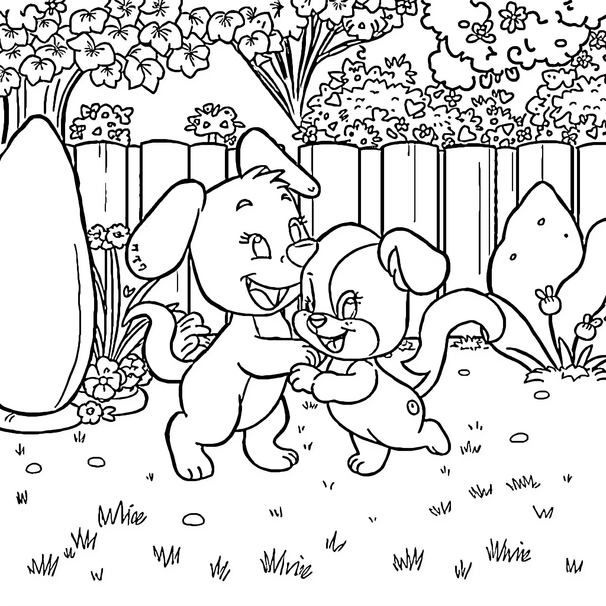 Bluey and friends playing in a lush garden Coloring Page (free black-and-white line drawing printable PDF for all, from beginners to advanced learners, including children, teens, adults, and seniors)