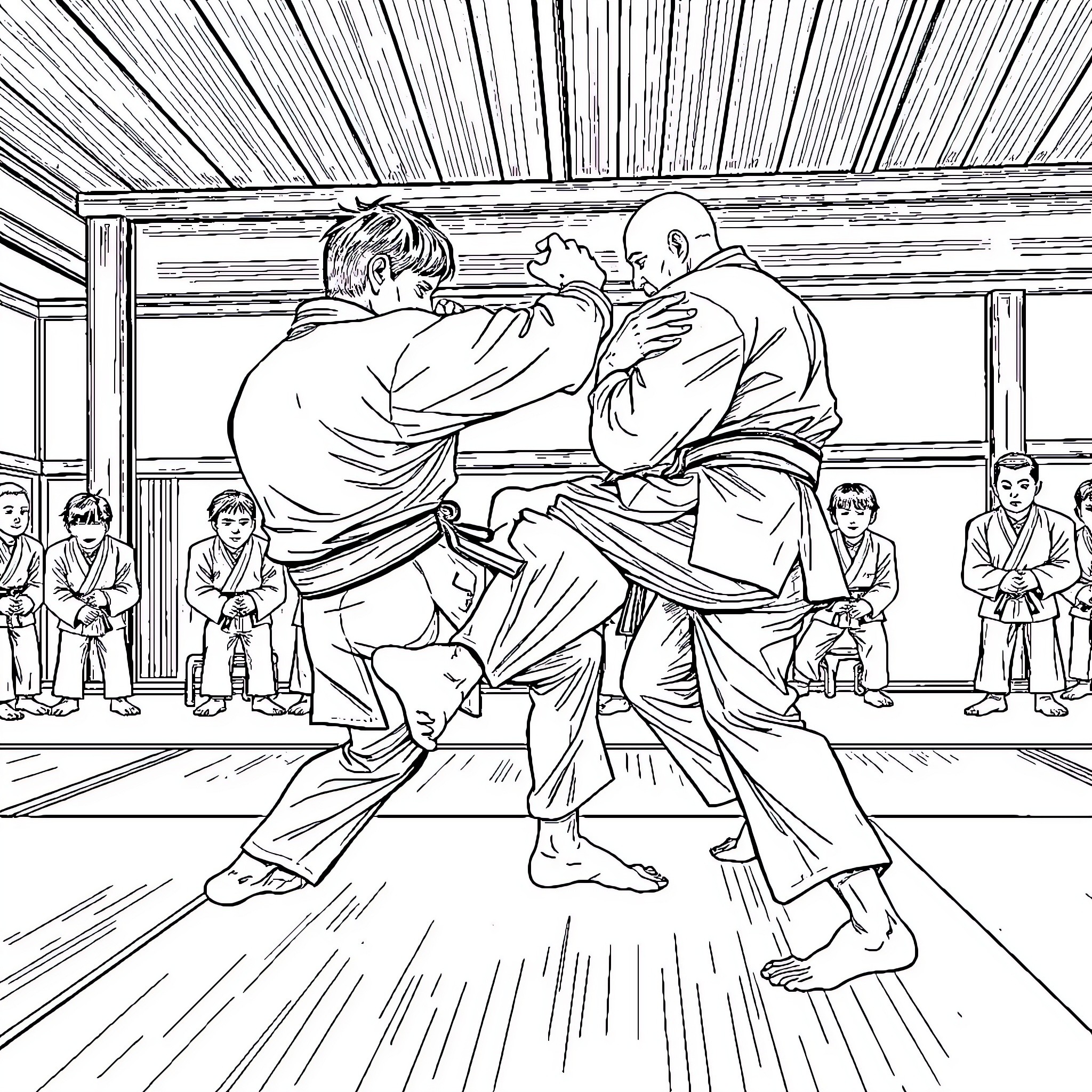 Jujitsu Practitioners Engaged in Intense Match Coloring Page (free black-and-white line drawing printable PDF for all, from beginners to advanced learners, including children, teens, adults, and seniors)