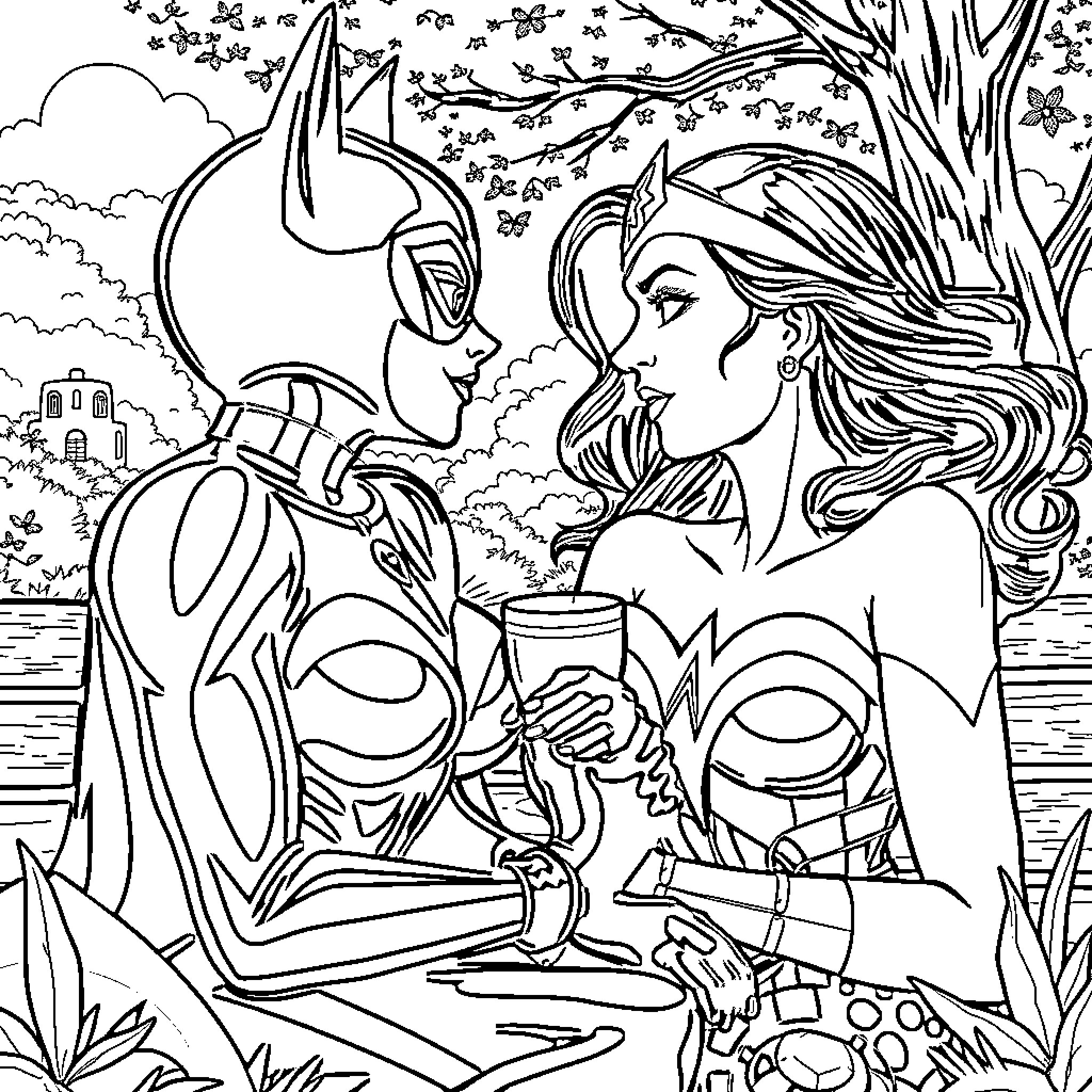 Catwoman and Batman share a romantic moment in a natural setting Coloring Page (free black-and-white line drawing printable PDF for all, from beginners to advanced learners, including children, teens, adults, and seniors)