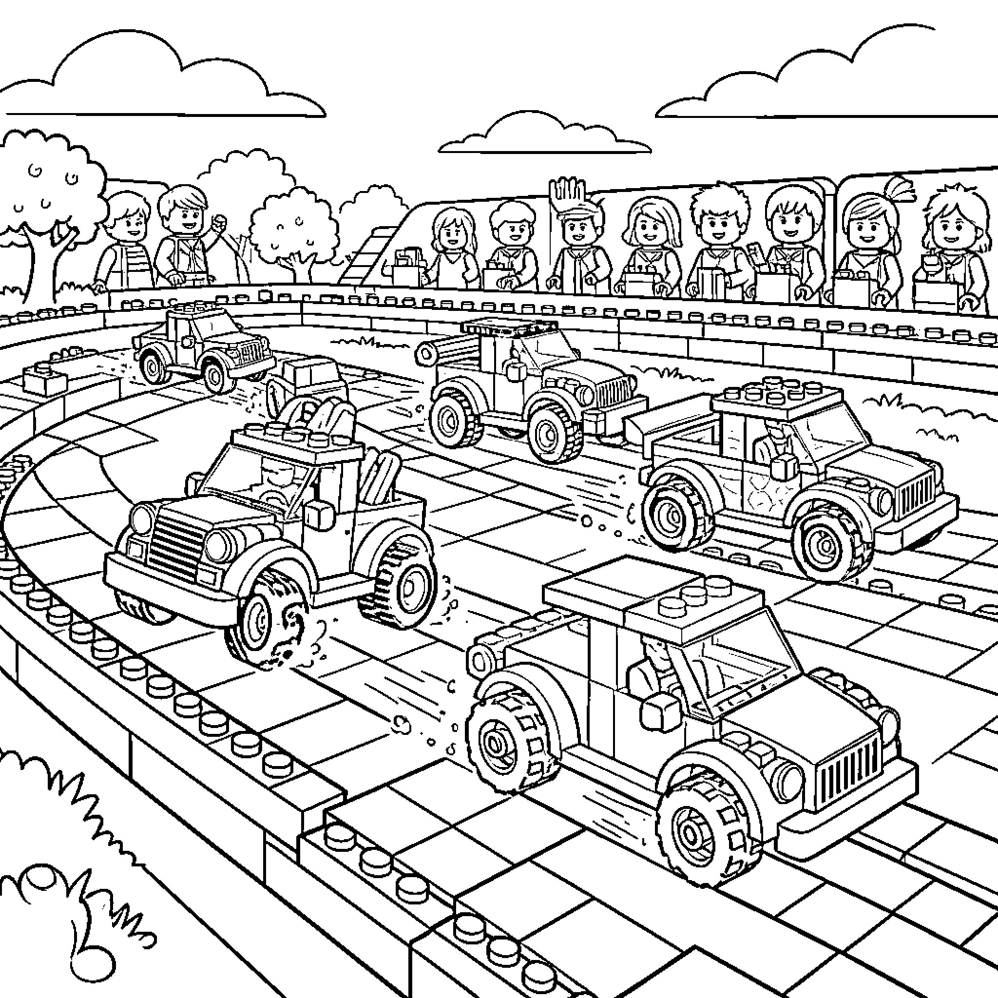 Lego vehicles in an outdoor construction site Coloring Page (free black-and-white line drawing printable PDF for all, from beginners to advanced learners, including children, teens, adults, and seniors)