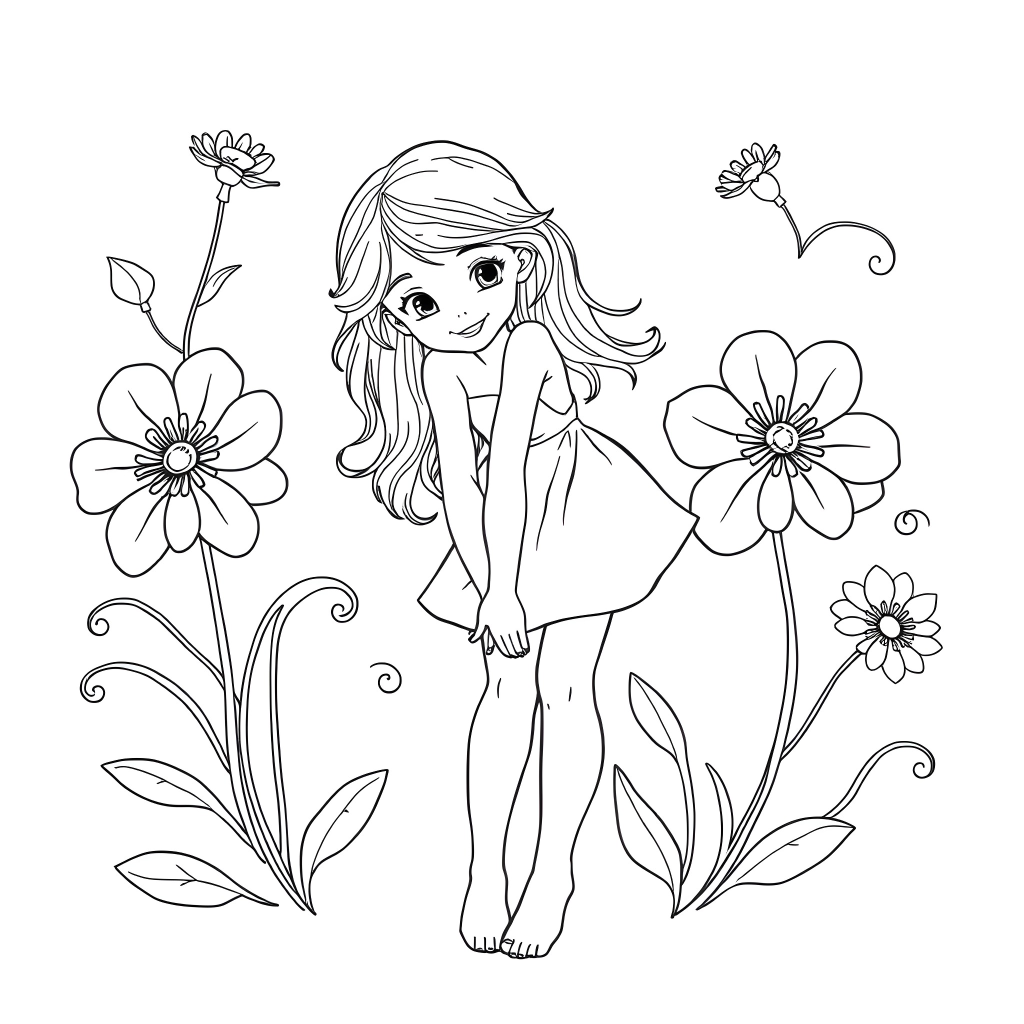 Teen girl surrounded by delicate flowers Coloring Page (free black-and-white line drawing printable PDF for all, from beginners to advanced learners, including children, teens, adults, and seniors)