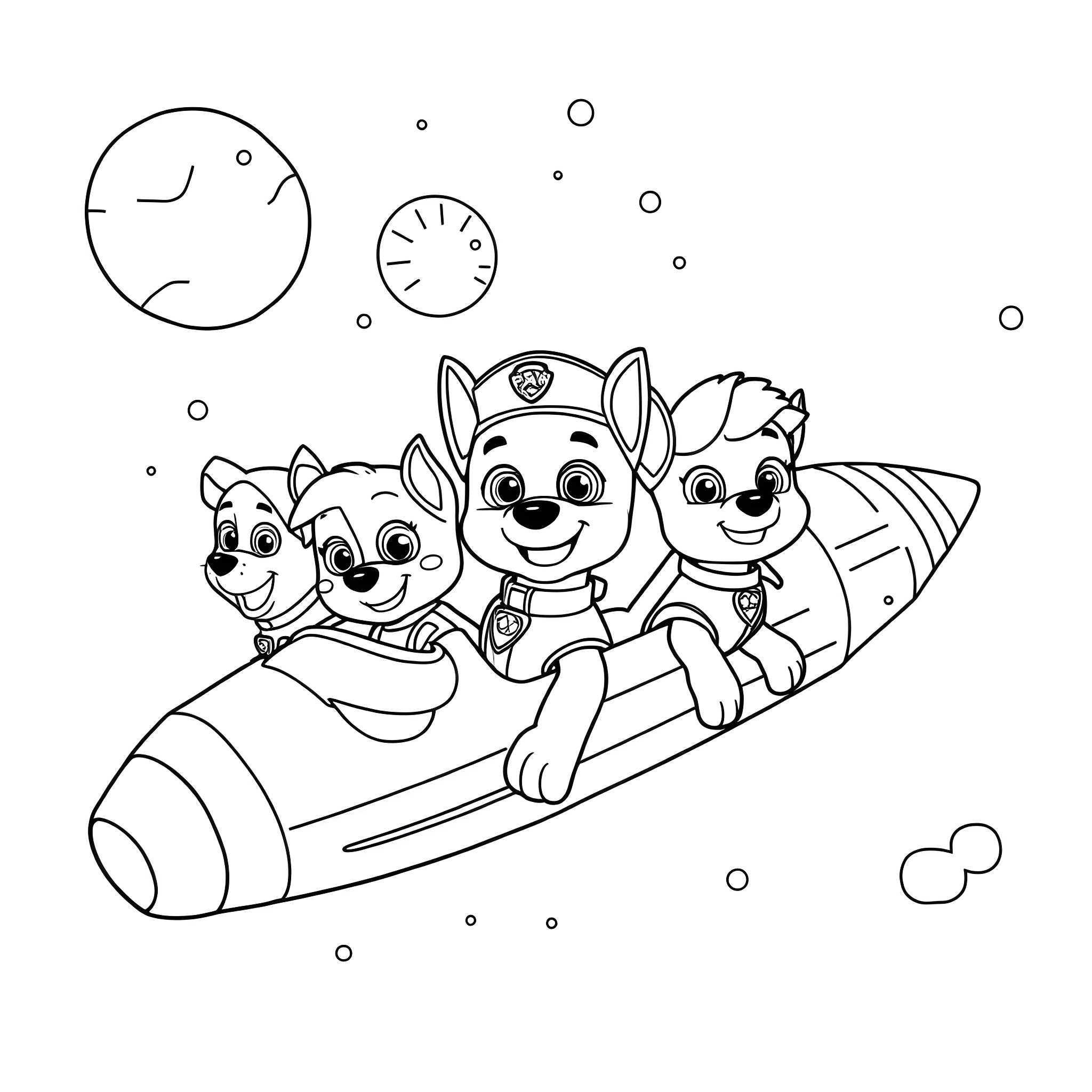 Paw Patrol pups riding in a rocket ship Coloring Page (free black-and-white line drawing printable PDF for all, from beginners to advanced learners, including children, teens, adults, and seniors)