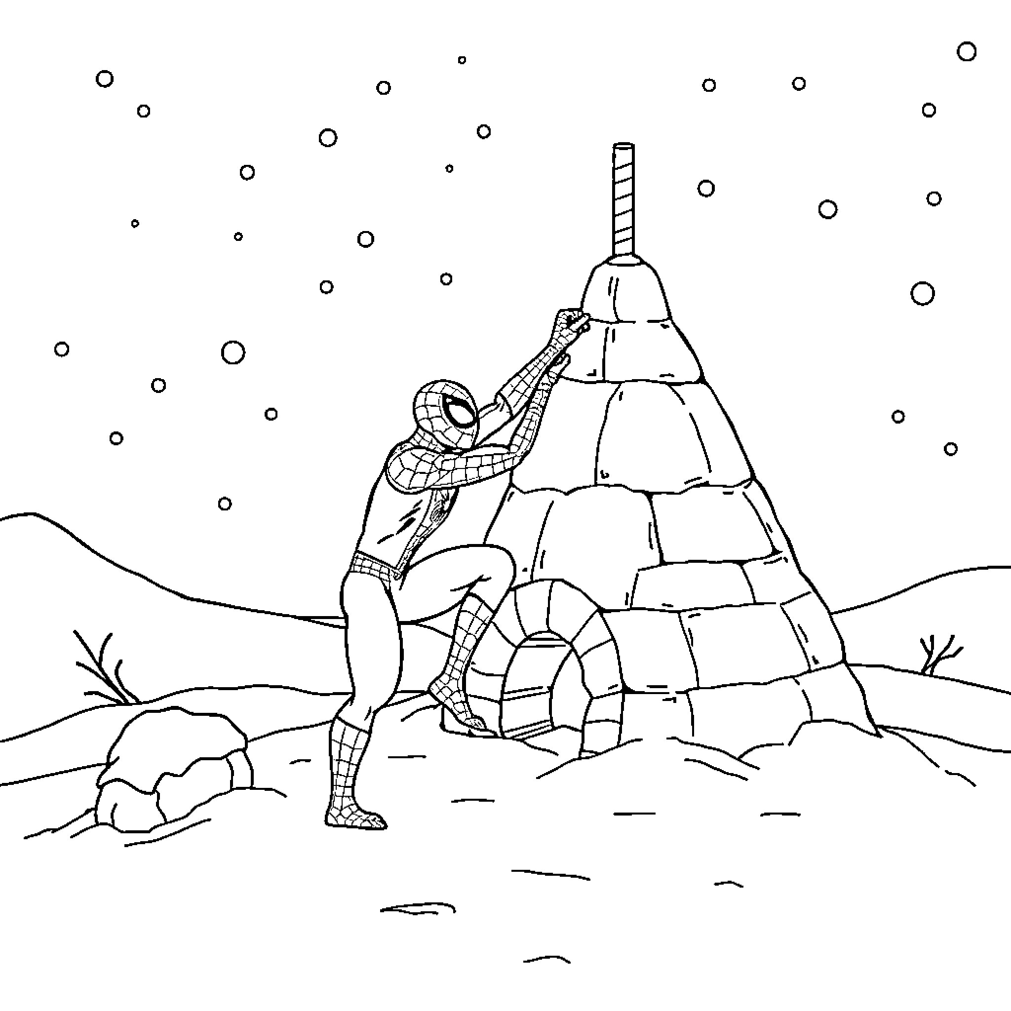 Spiderman building an igloo in the snow Coloring Page (free black-and-white line drawing printable PDF for all, from beginners to advanced learners, including children, teens, adults, and seniors)