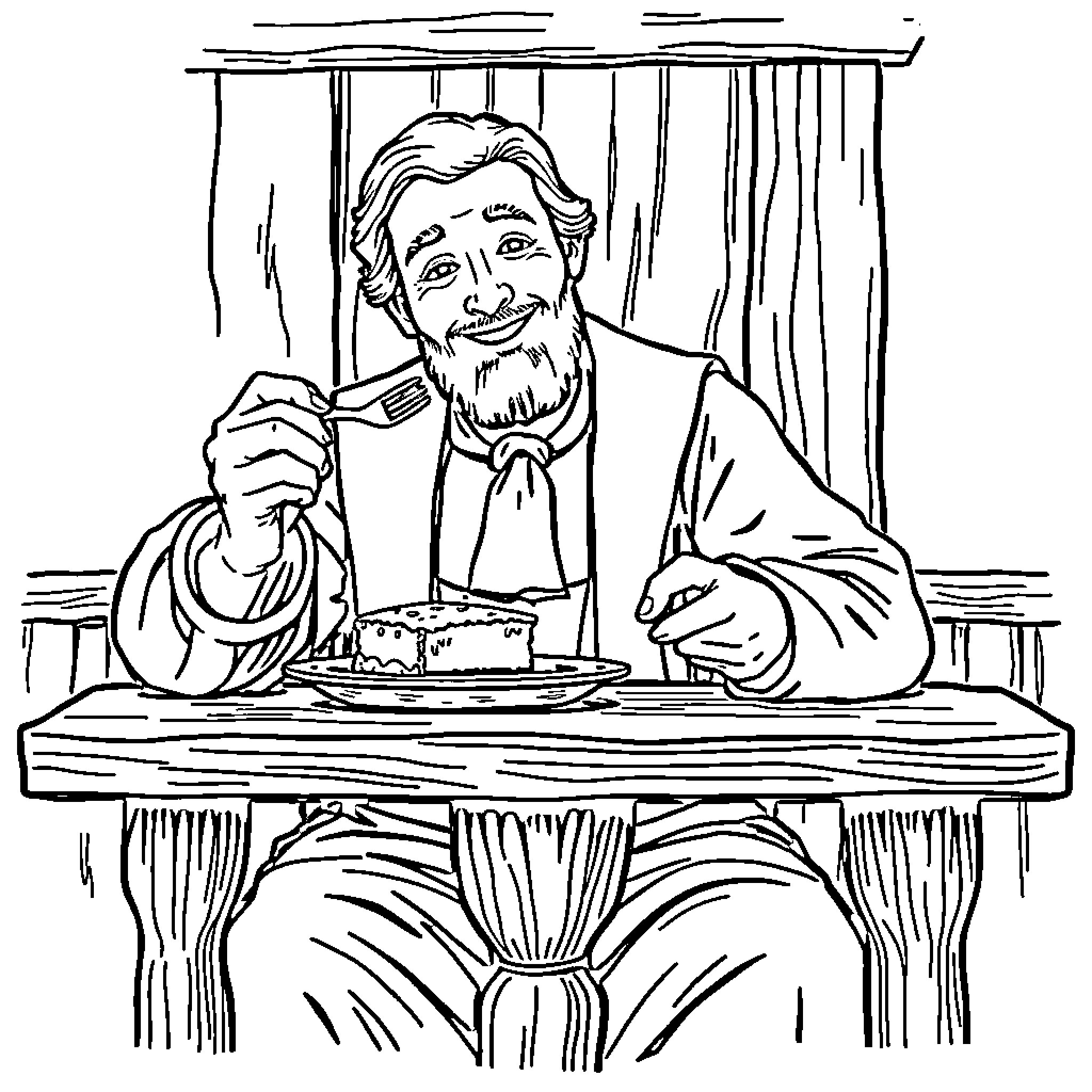Joseph Smith Enjoying a Meal in a Simple Setting Coloring Page (free black-and-white line drawing printable PDF for all, from beginners to advanced learners, including children, teens, adults, and seniors)