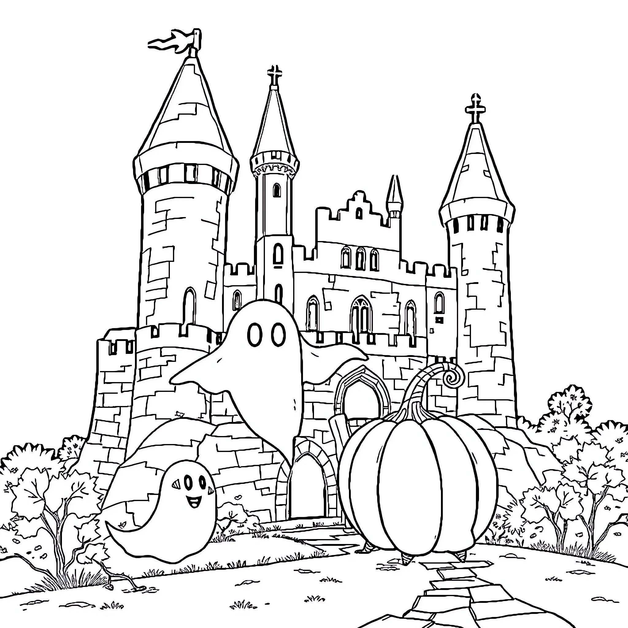 Skeleton Halloween haunted castle scene Coloring Page (free black-and-white line drawing printable PDF for all, from beginners to advanced learners, including children, teens, adults, and seniors)