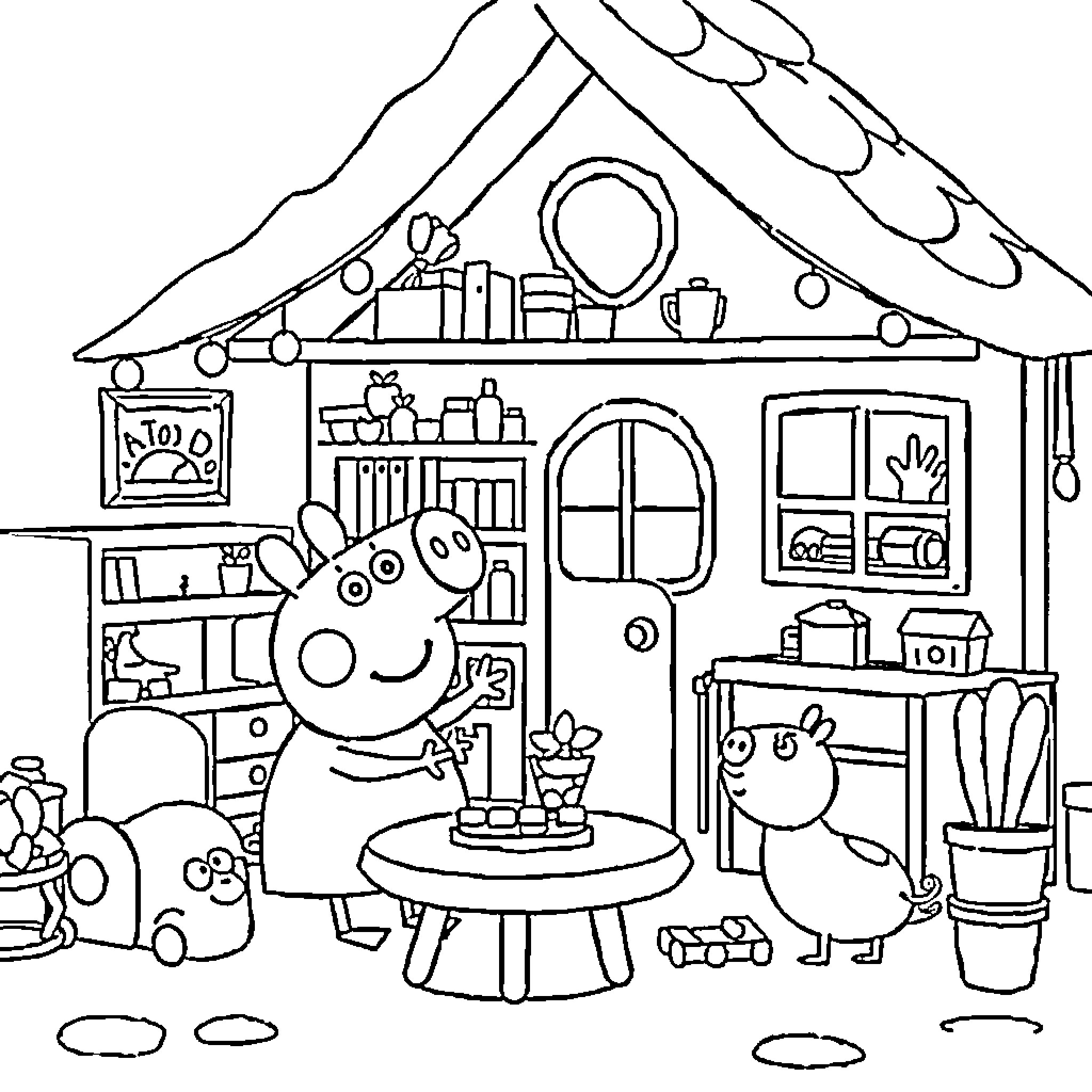 Peppa Pig's Cozy Home Adventure Coloring Page (free black-and-white line drawing printable PDF for all, from beginners to advanced learners, including children, teens, adults, and seniors)