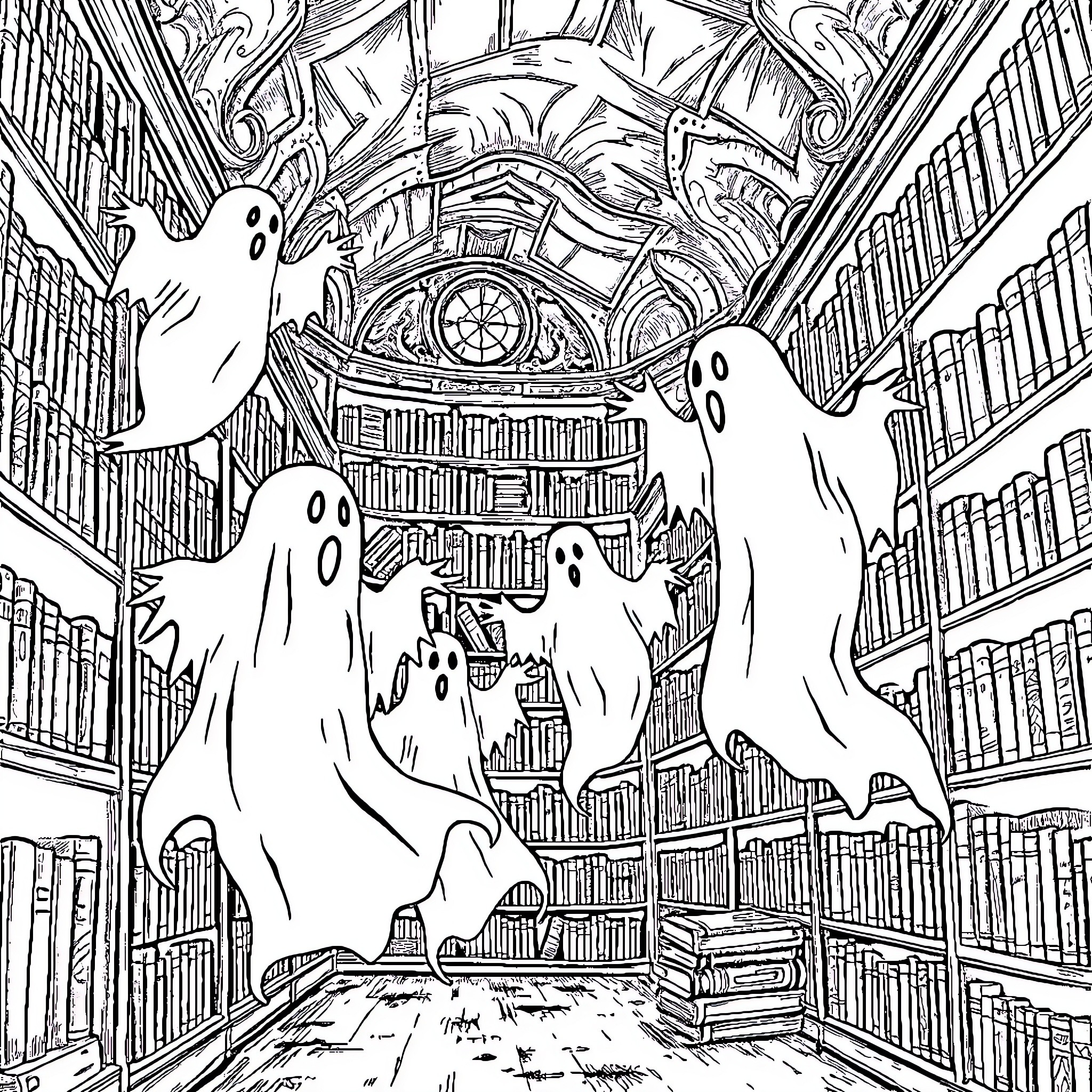Ghost-like Apparitions in a Haunted Library Coloring Page (free black-and-white line drawing printable PDF for all, from beginners to advanced learners, including children, teens, adults, and seniors)