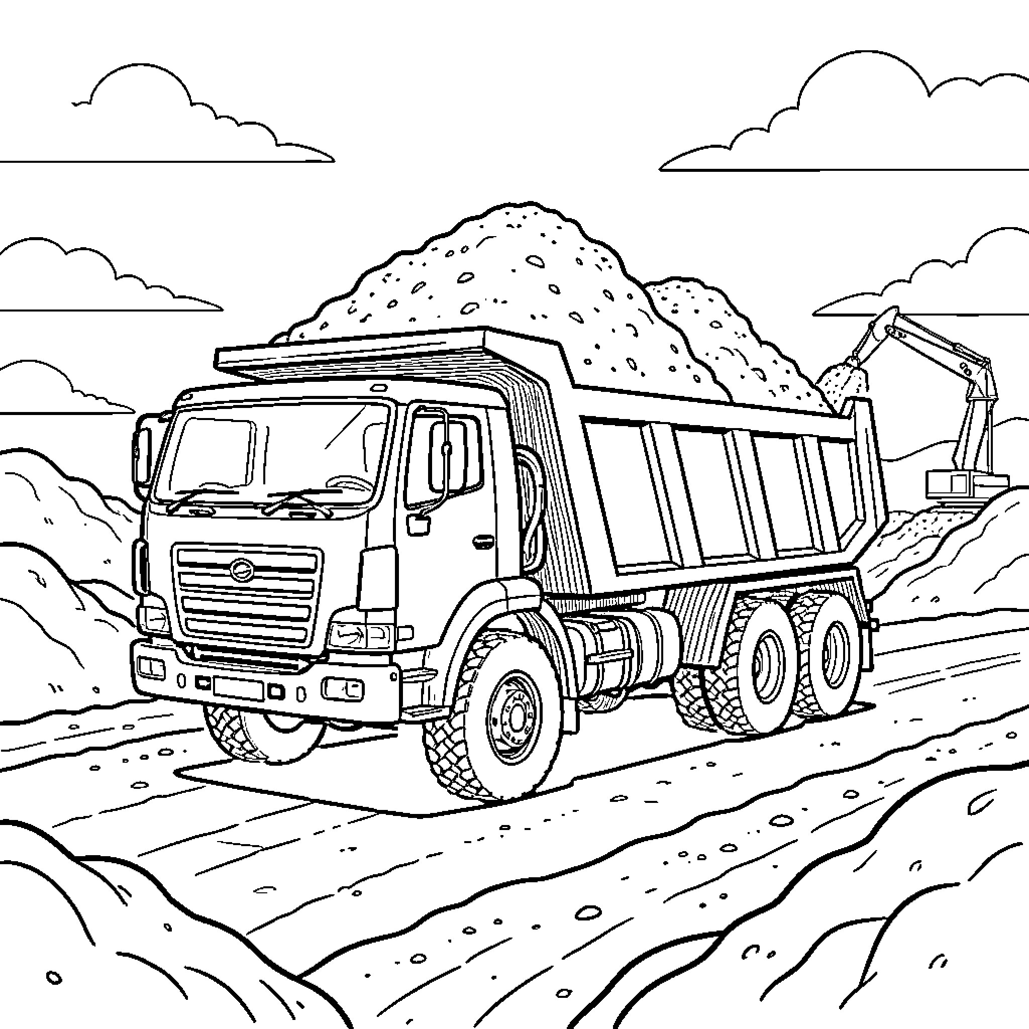 Dumper truck transporting a large load of dirt Coloring Page (free black-and-white line drawing printable PDF for all, from beginners to advanced learners, including children, teens, adults, and seniors)