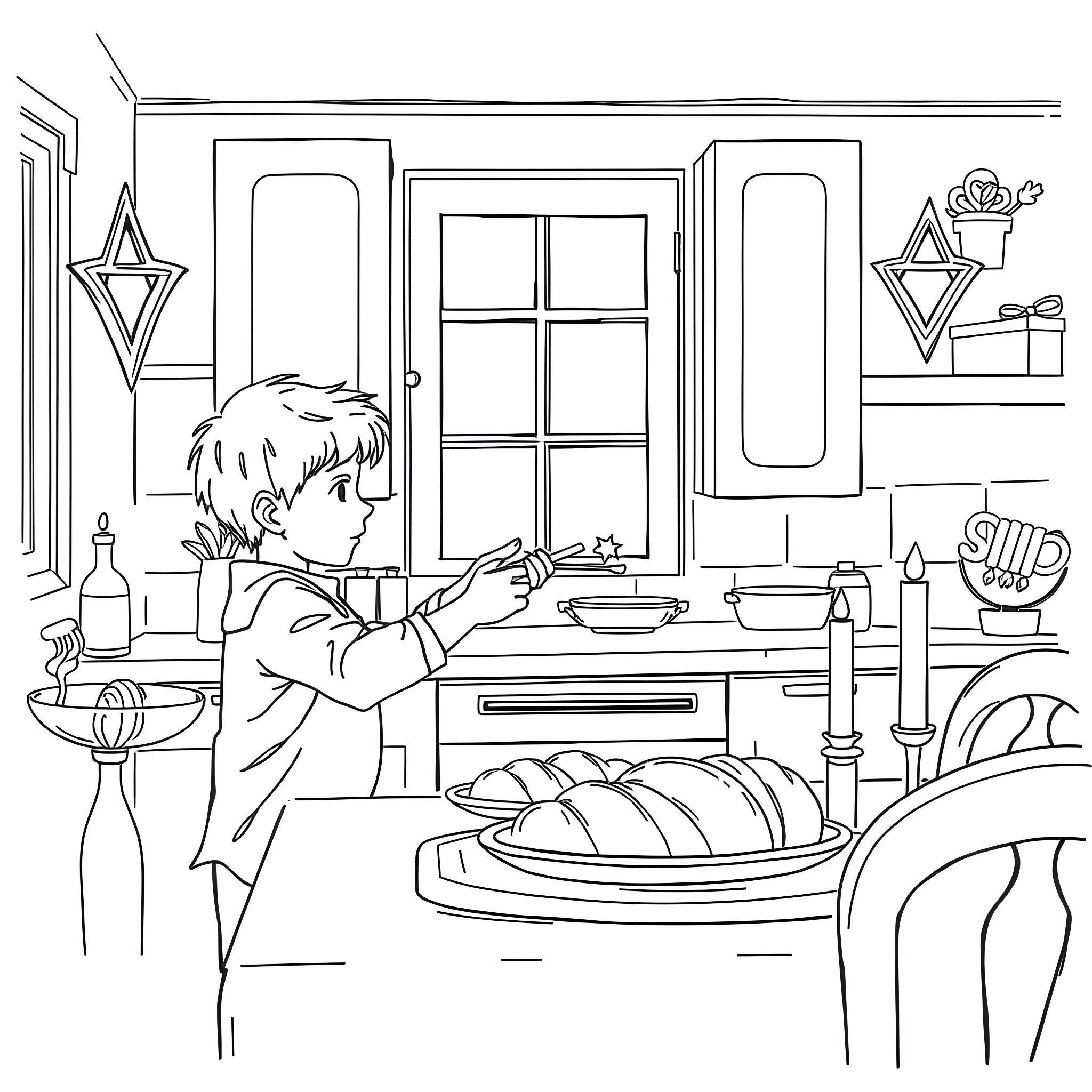 Jewish Boy Preparing Traditional Meal in Kitchen Coloring Page (free black-and-white line drawing printable PDF for all, from beginners to advanced learners, including children, teens, adults, and seniors)