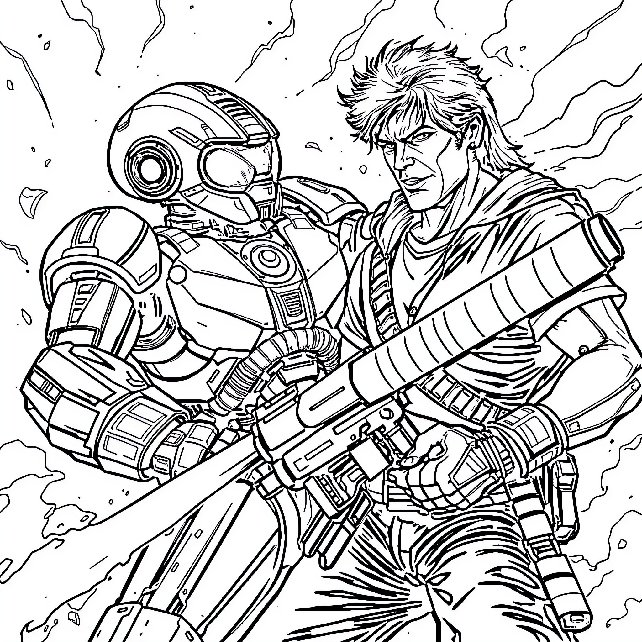 Cibernético sci-fi warrior wielding futuristic weapons Coloring Page (free black-and-white line drawing printable PDF for all, from beginners to advanced learners, including children, teens, adults, and seniors)