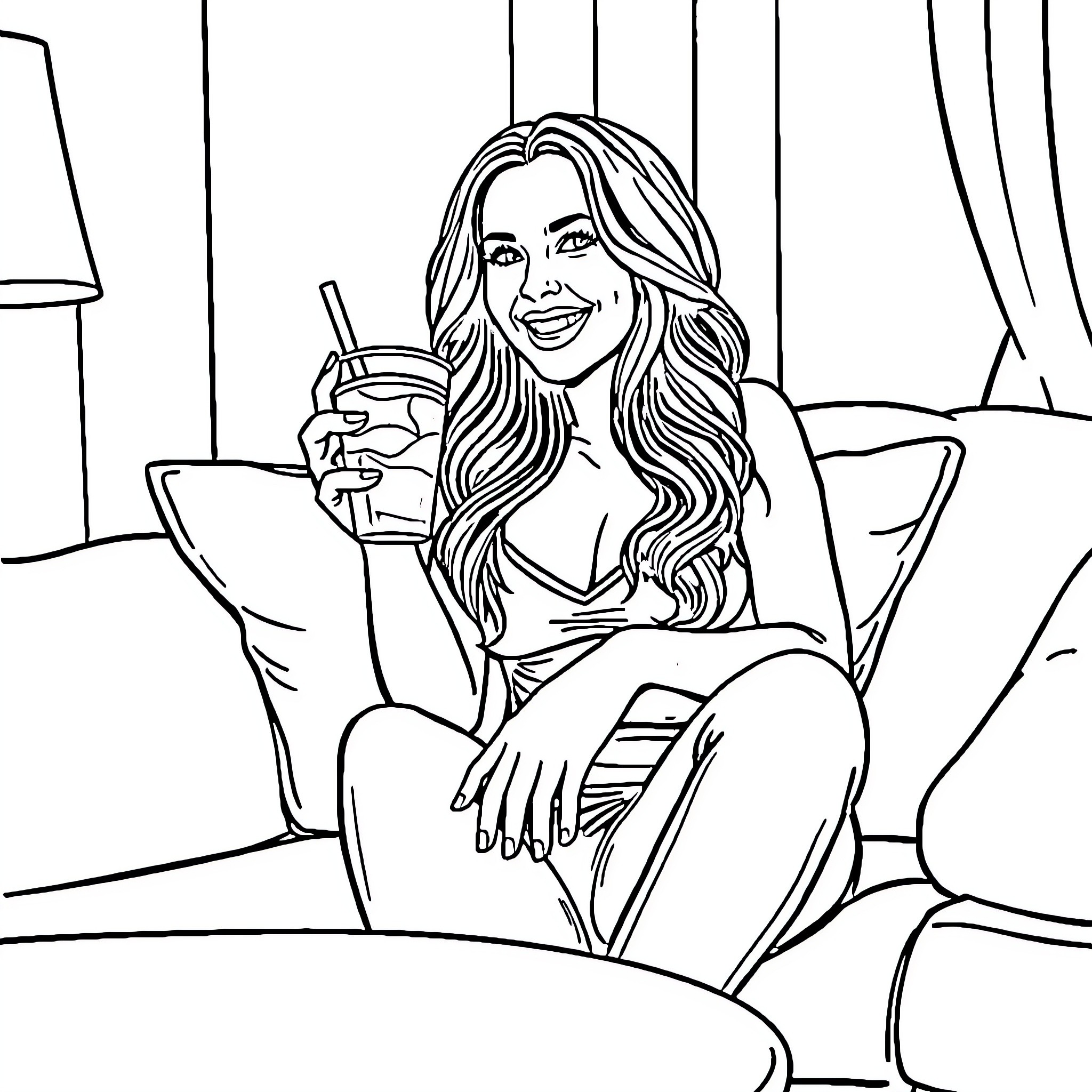 Gianna Michaels enjoying a refreshing beverage on the couch Coloring Page (free black-and-white line drawing printable PDF for all, from beginners to advanced learners, including children, teens, adults, and seniors)