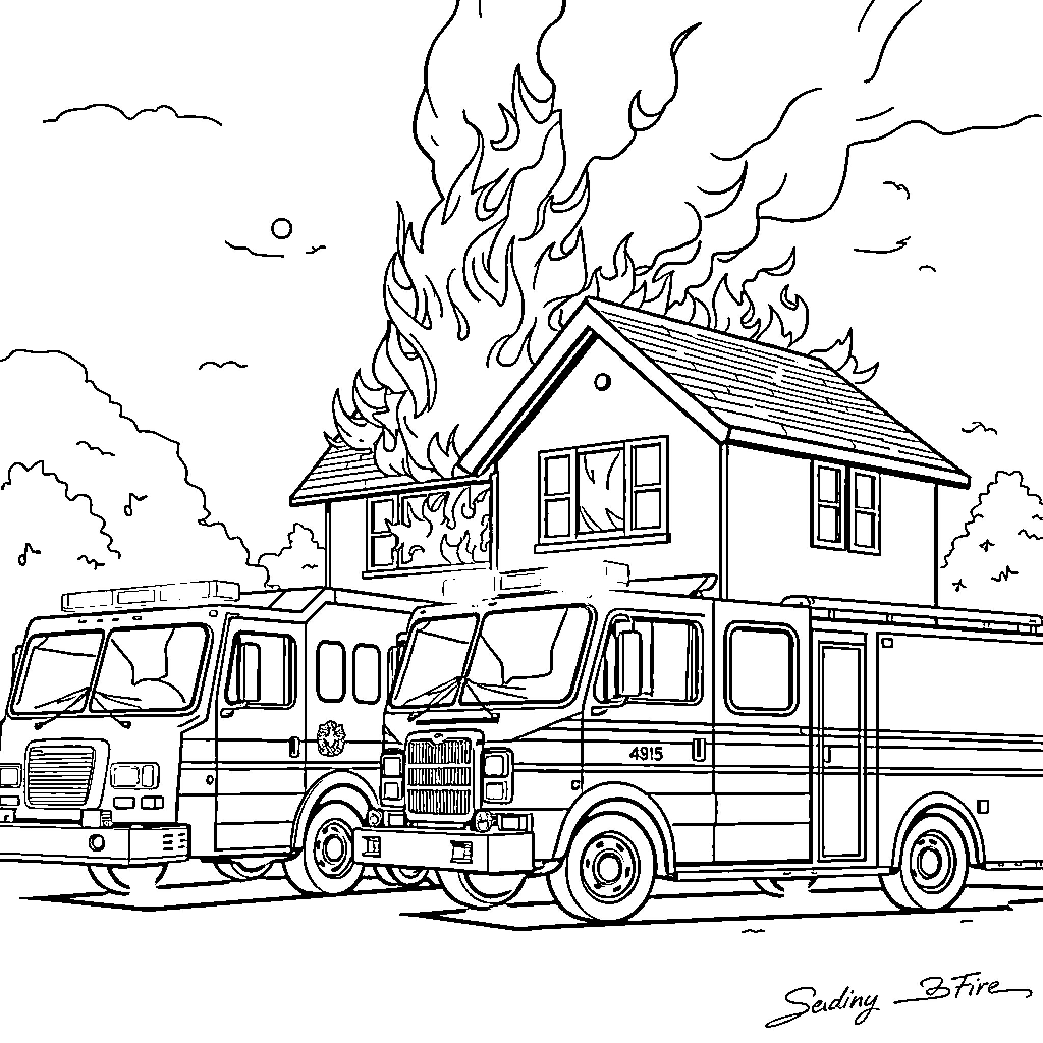 Emergency Vehicle Responding to House Fire Coloring Page (free black-and-white line drawing printable PDF for all, from beginners to advanced learners, including children, teens, adults, and seniors)