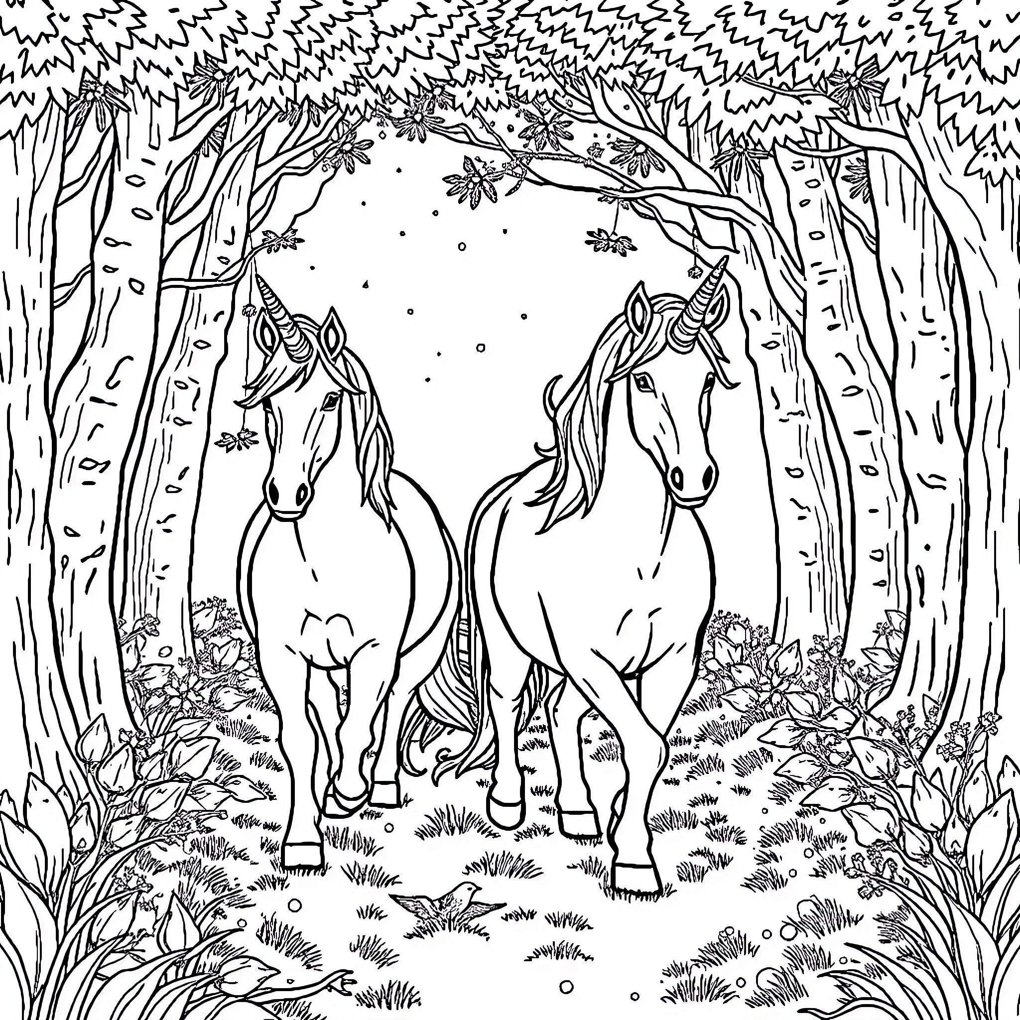 Unicorn Pair Trotting Through Enchanted Forest Coloring Page (free black-and-white line drawing printable PDF for all, from beginners to advanced learners, including children, teens, adults, and seniors)