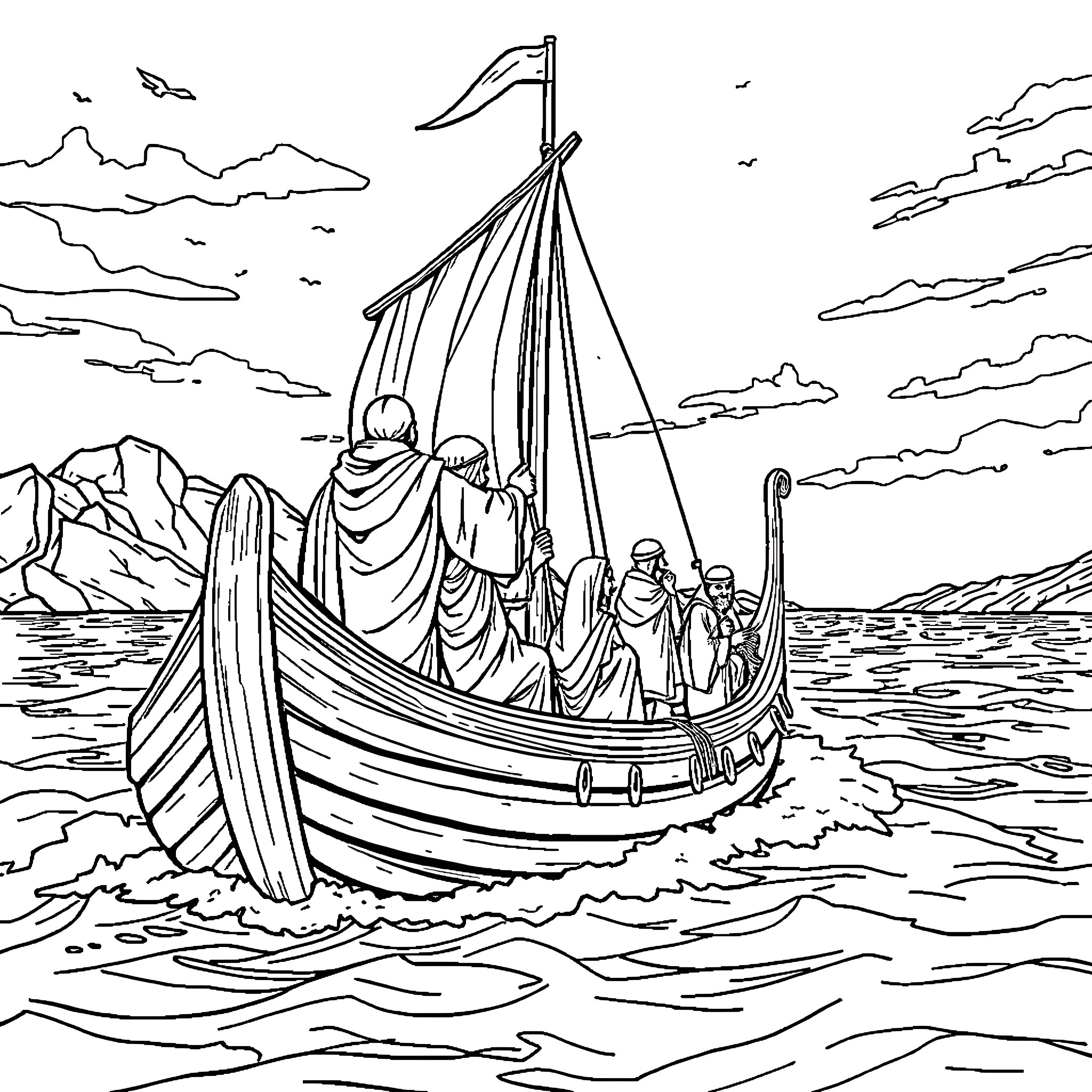 Zemmour's Voyage Across the Stormy Seas Coloring Page (free black-and-white line drawing printable PDF for all, from beginners to advanced learners, including children, teens, adults, and seniors)