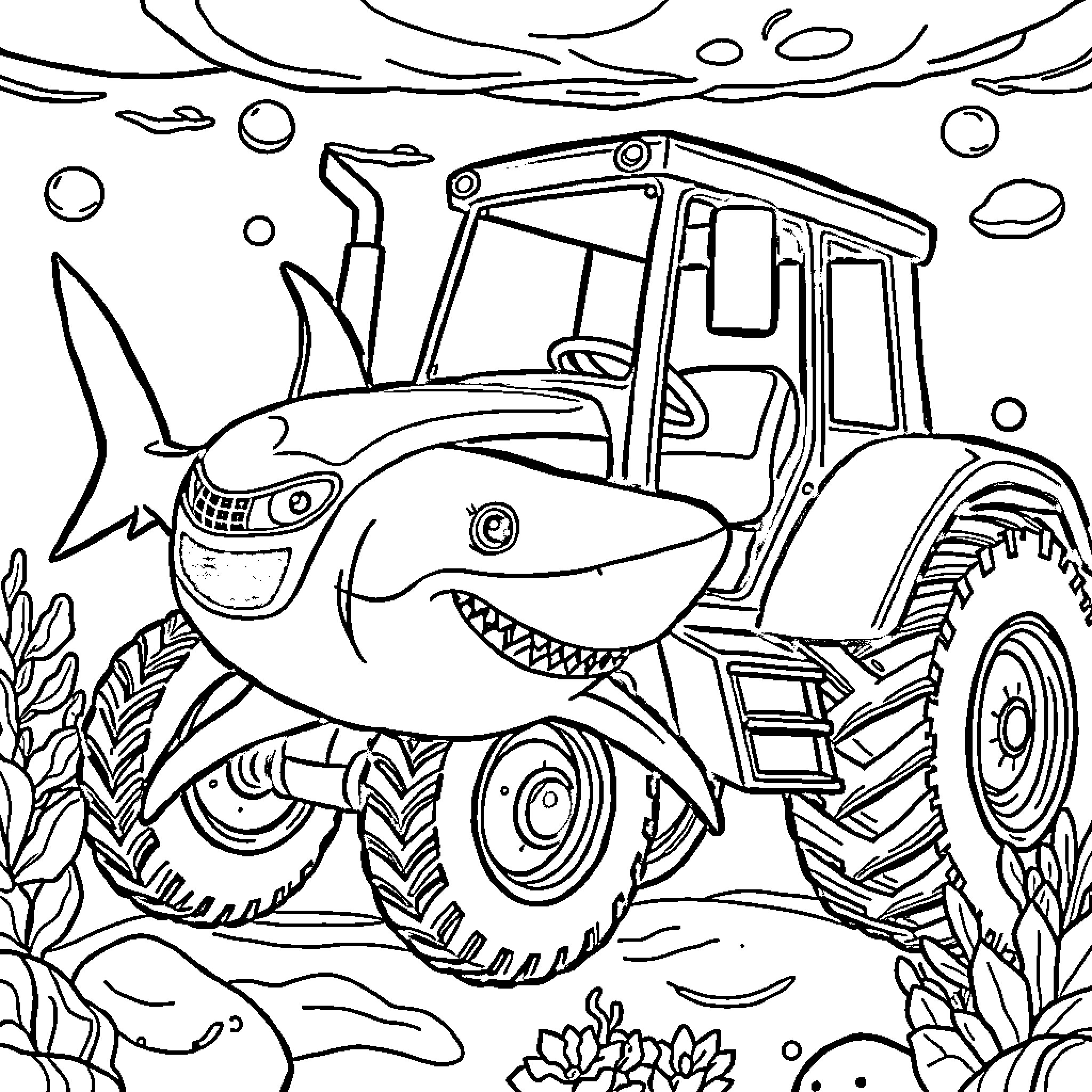 Shark-themed tractor navigating underwater Coloring Page (free black-and-white line drawing printable PDF for all, from beginners to advanced learners, including children, teens, adults, and seniors)