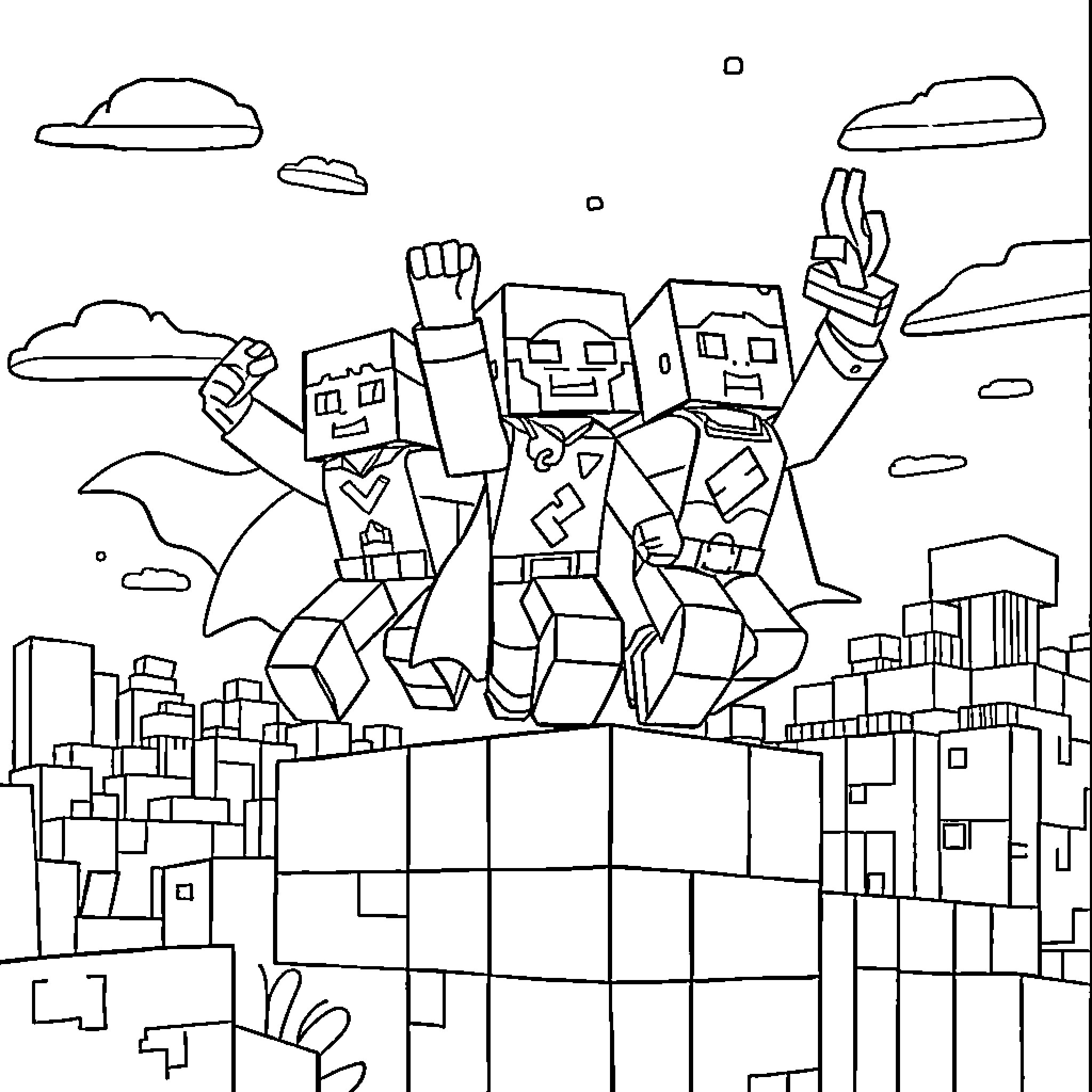Minecraft Superhero Characters Saving the City Coloring Page (free black-and-white line drawing printable PDF for all, from beginners to advanced learners, including children, teens, adults, and seniors)