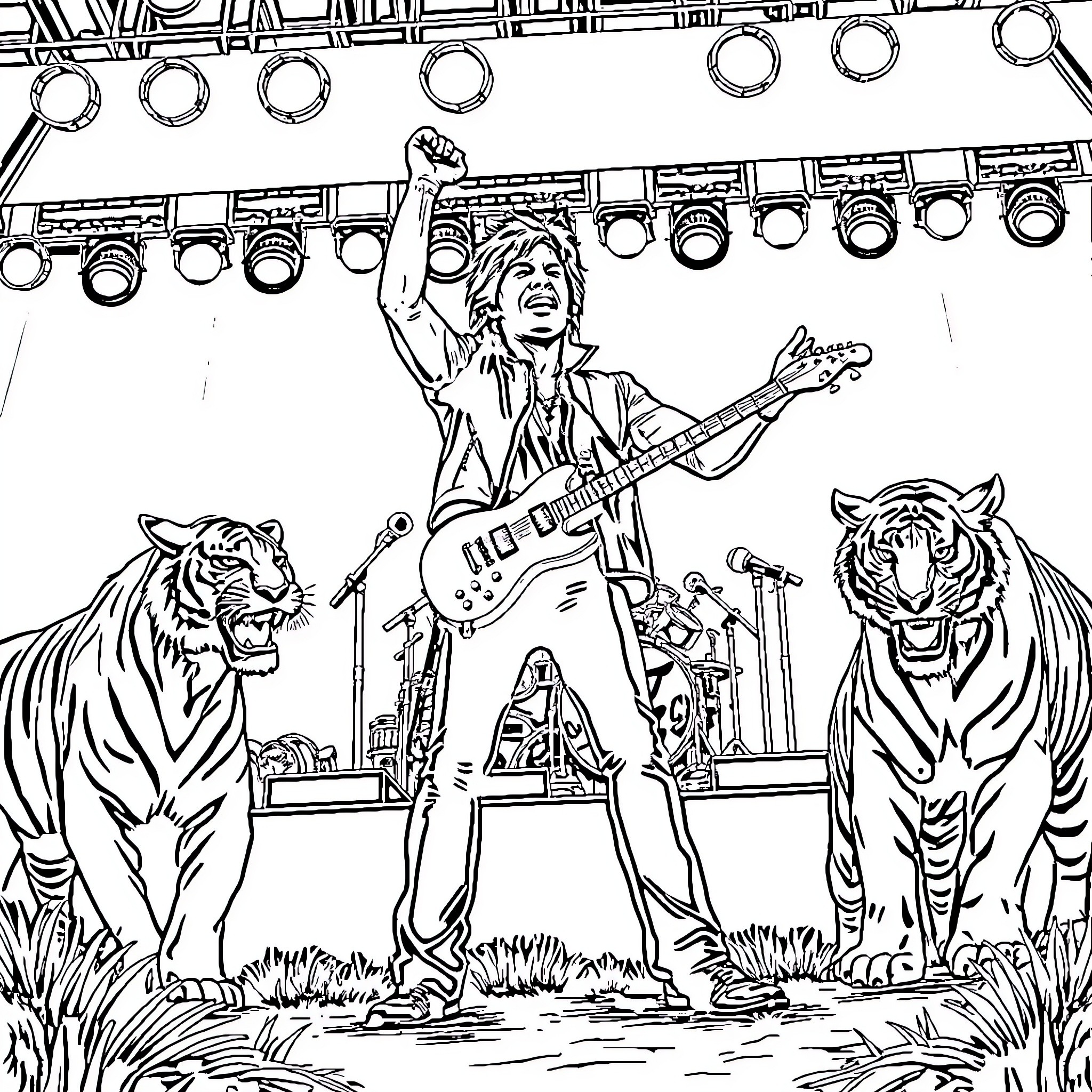 Tiger rocks the stage with electric guitar Coloring Page (free black-and-white line drawing printable PDF for all, from beginners to advanced learners, including children, teens, adults, and seniors)