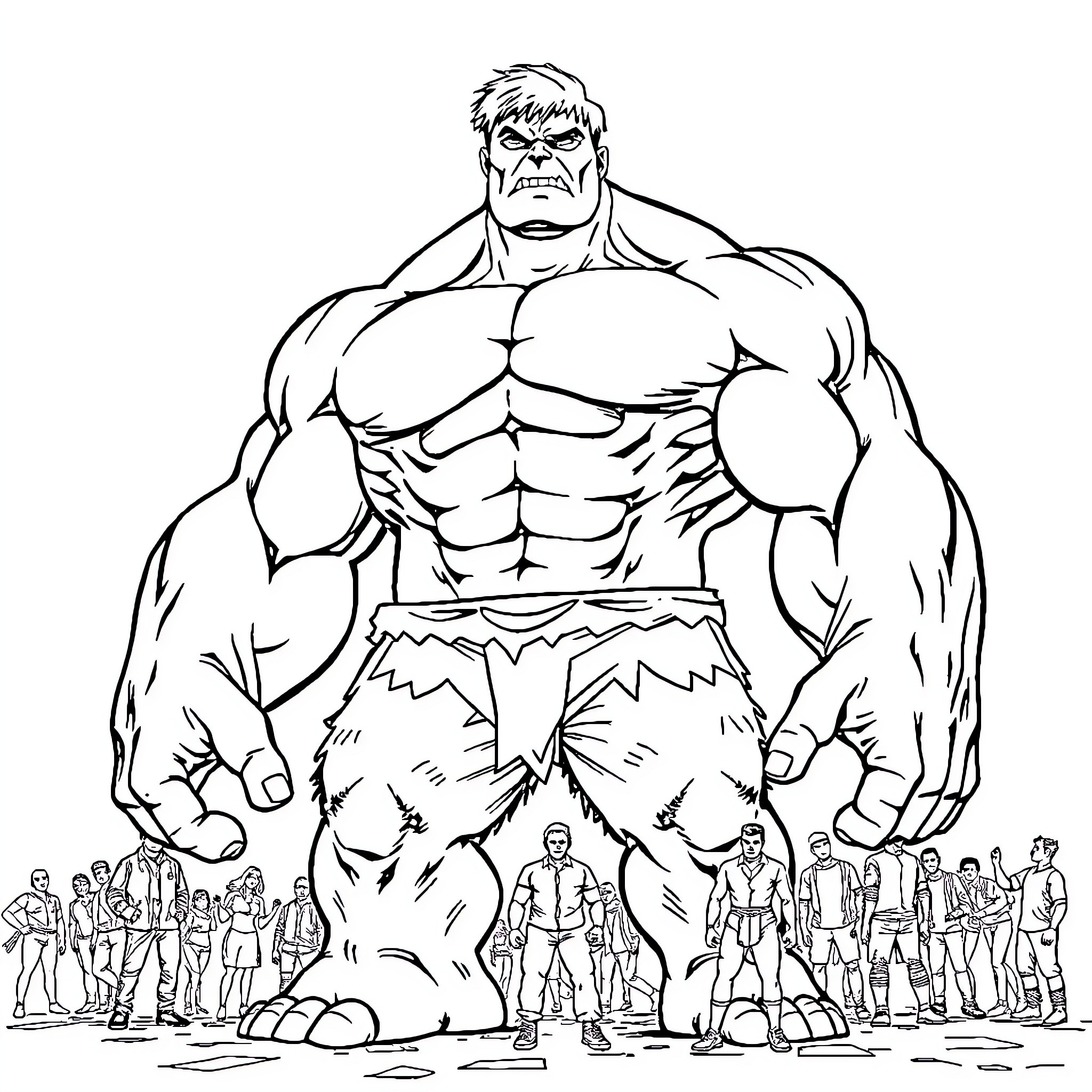 Hulk Stands Tall Amid Crowd Coloring Page (free black-and-white line drawing printable PDF for all, from beginners to advanced learners, including children, teens, adults, and seniors)