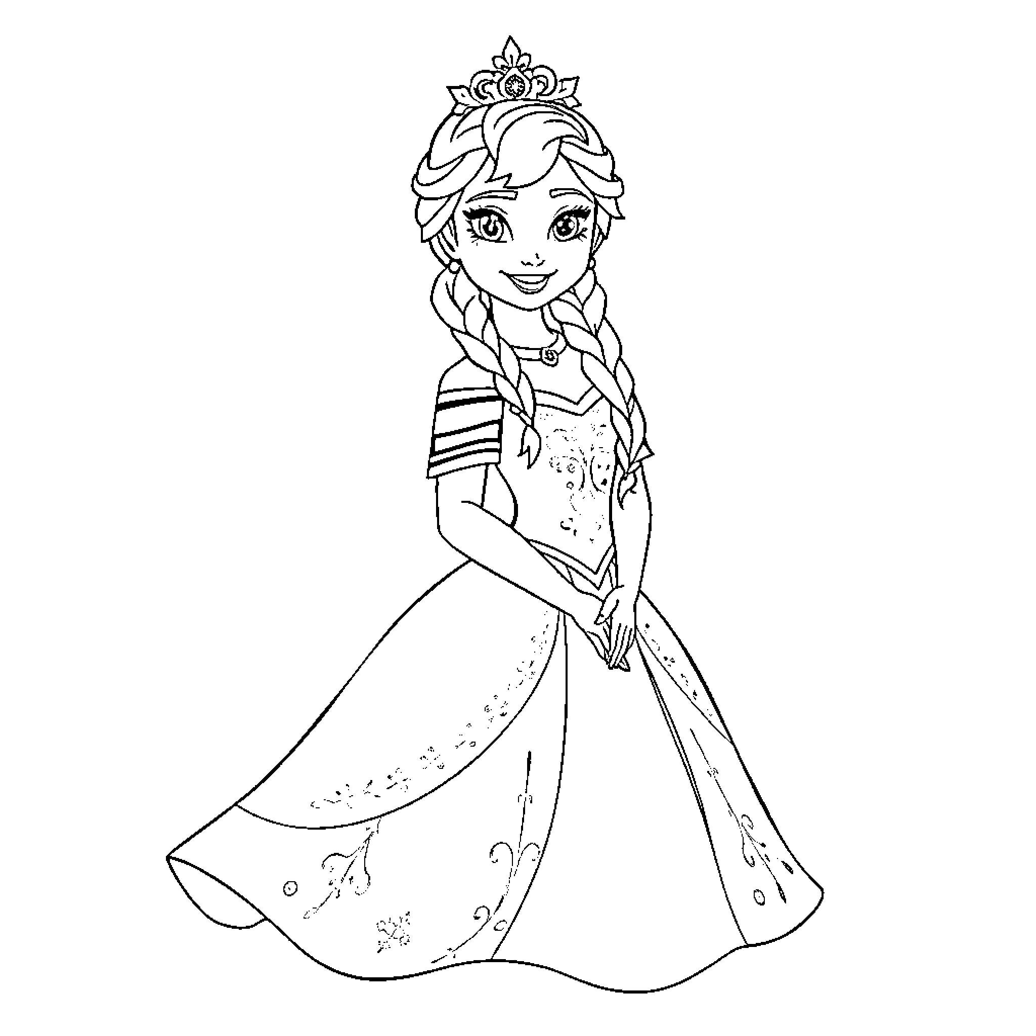 Princess Anna in a Regal Gown and Crown Coloring Page (free black-and-white line drawing printable PDF for all, from beginners to advanced learners, including children, teens, adults, and seniors)