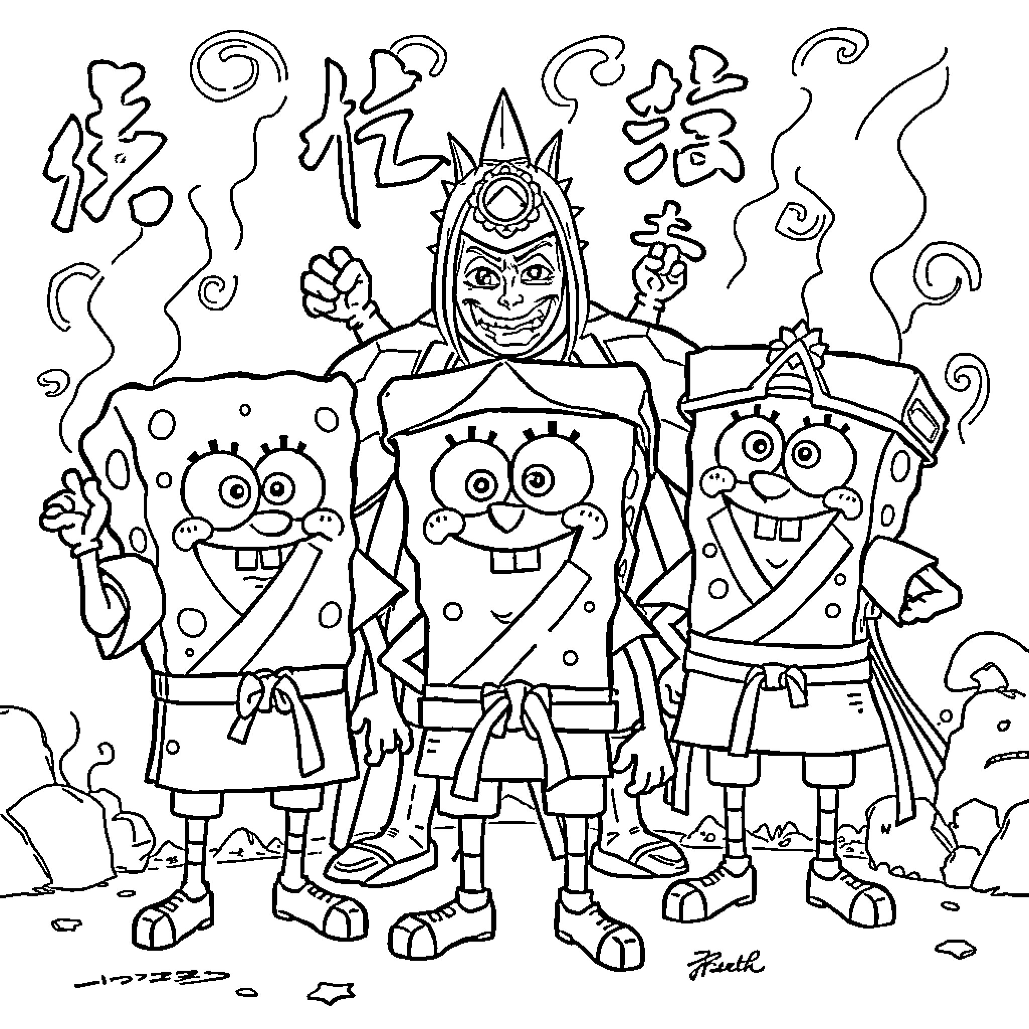 Spongebob and his friends in a whimsical scene Coloring Page (free black-and-white line drawing printable PDF for all, from beginners to advanced learners, including children, teens, adults, and seniors)