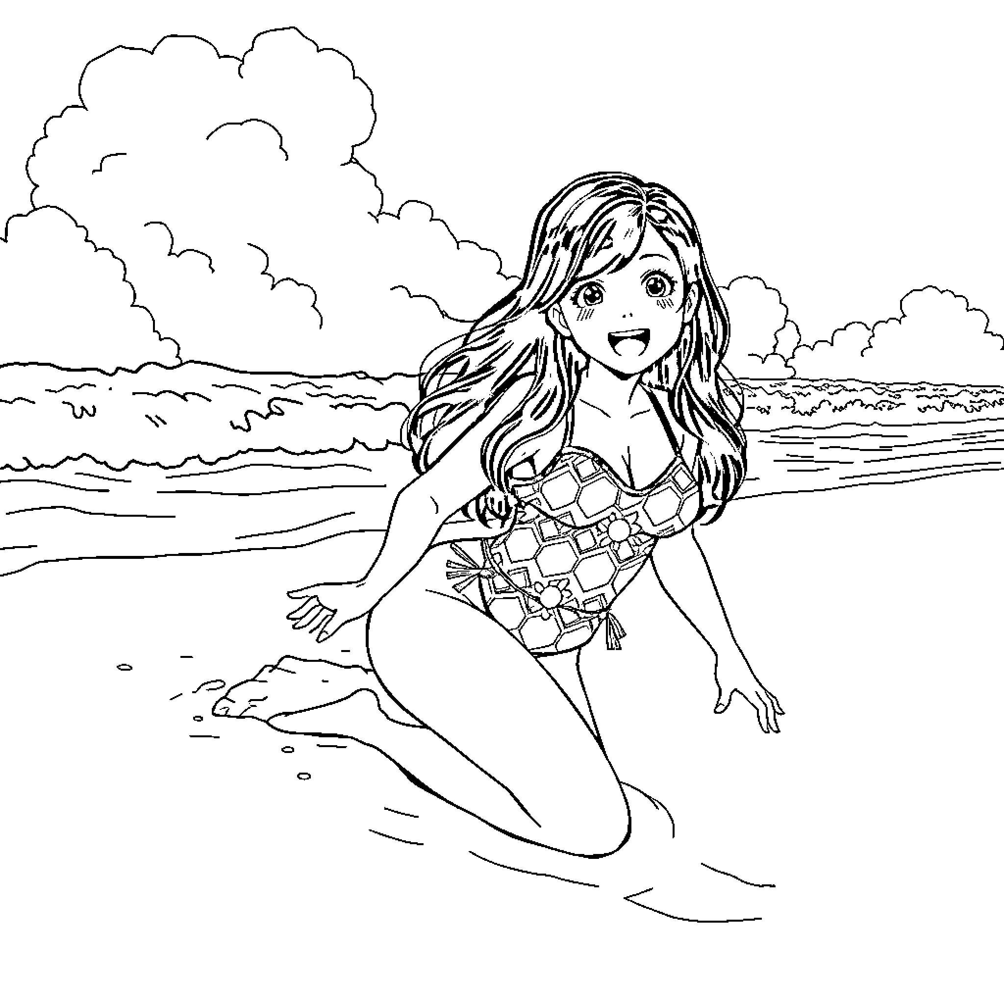 Nezuko enjoys a day at the beach Coloring Page (free black-and-white line drawing printable PDF for all, from beginners to advanced learners, including children, teens, adults, and seniors)