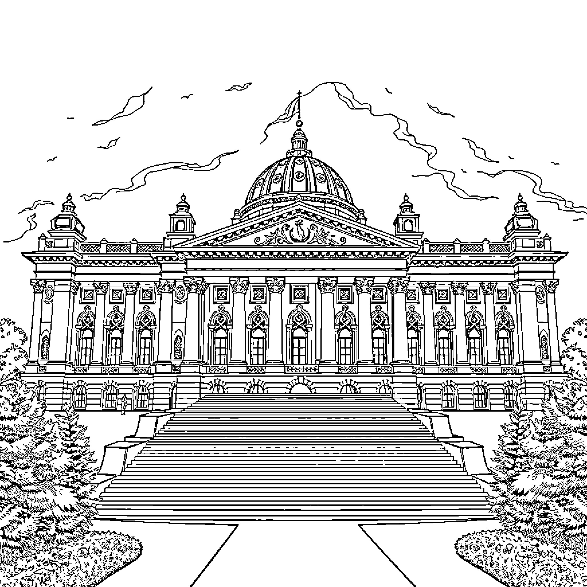Parliament building with ornate architecture and grand steps Coloring Page (free black-and-white line drawing printable PDF for all, from beginners to advanced learners, including children, teens, adults, and seniors)