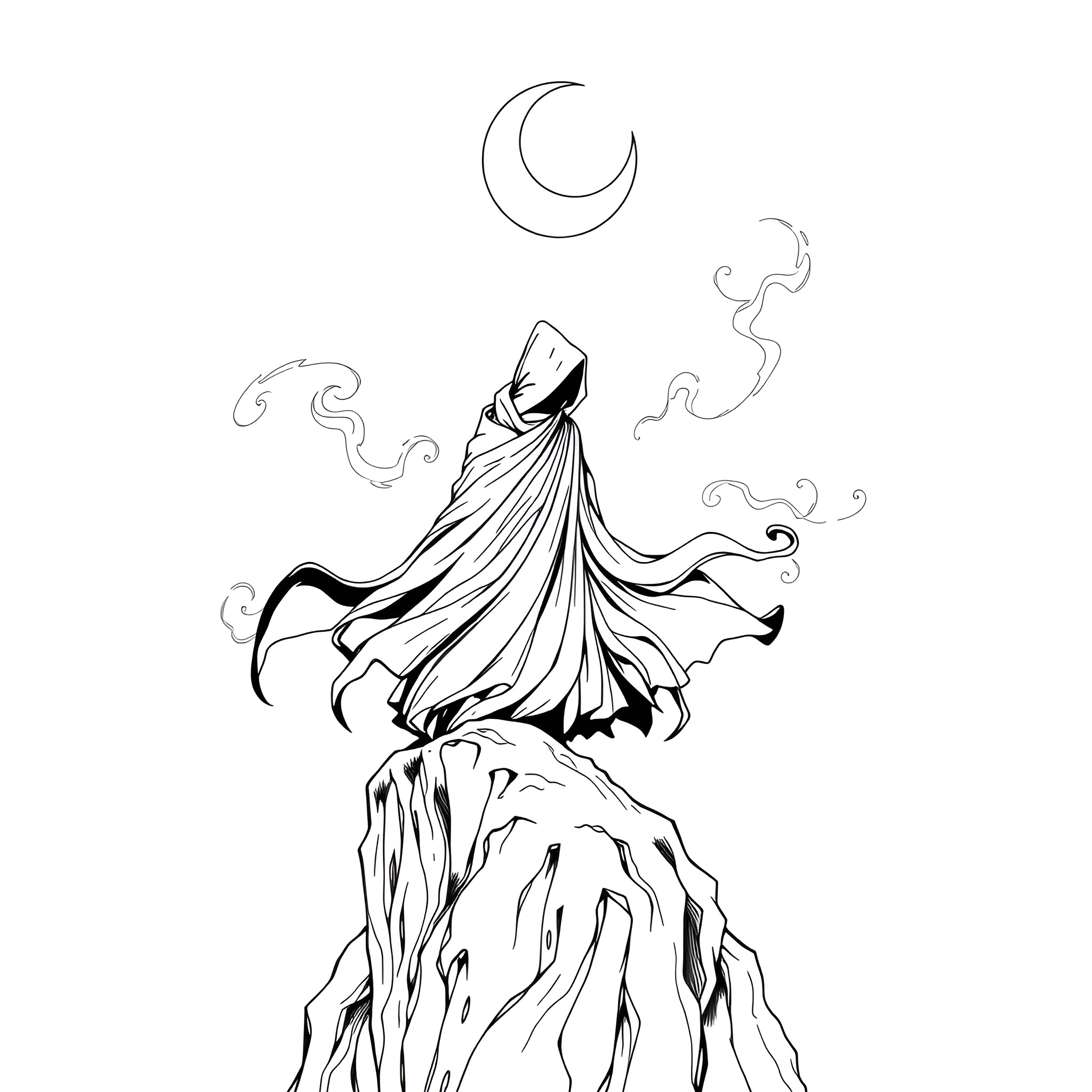 Shadow of a Mysterious Cloaked Figure in the Moonlight Coloring Page (free black-and-white line drawing printable PDF for all, from beginners to advanced learners, including children, teens, adults, and seniors)