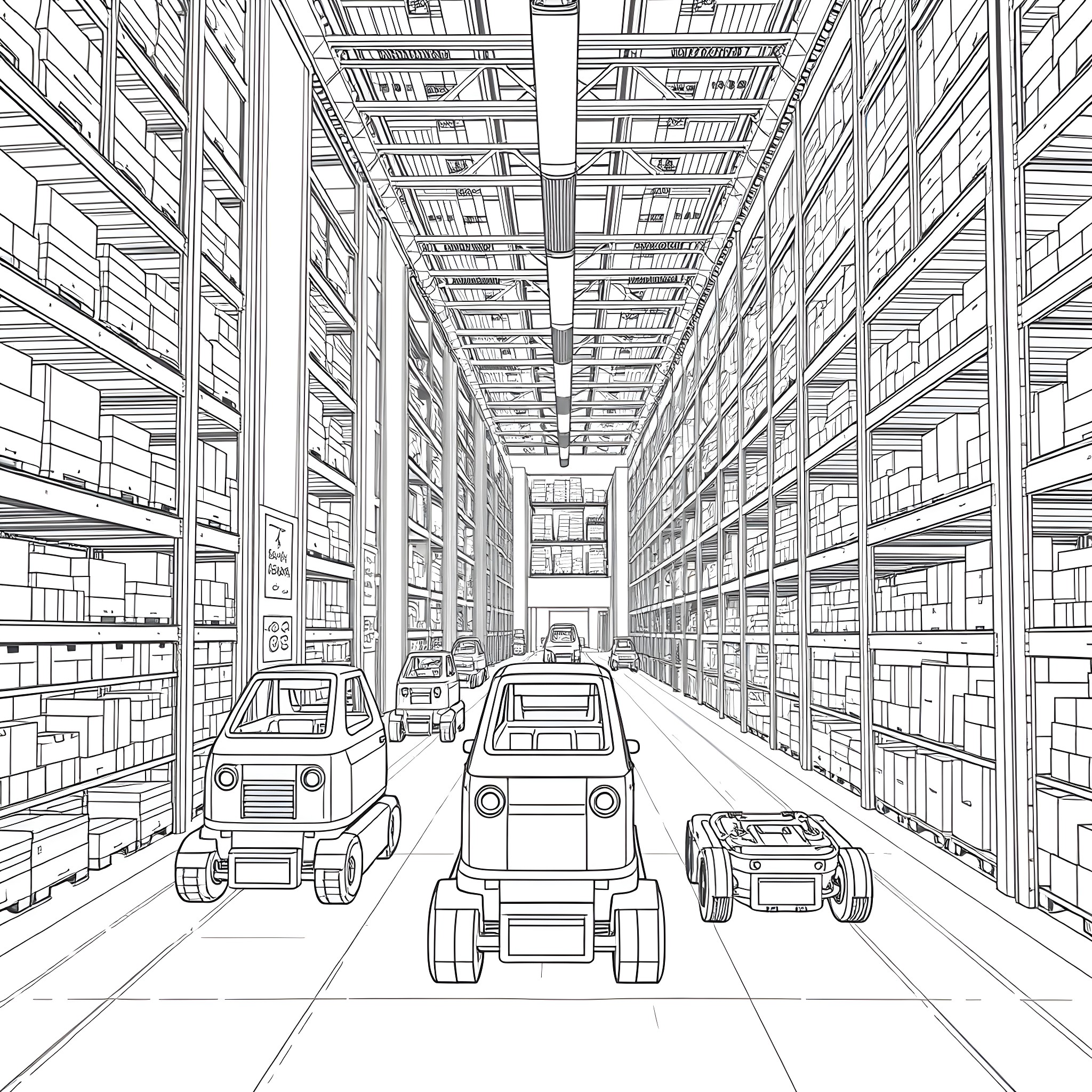 AutoStore Warehouse Logistics with Autonomous Robots Coloring Page (free black-and-white line drawing printable PDF for all, from beginners to advanced learners, including children, teens, adults, and seniors)