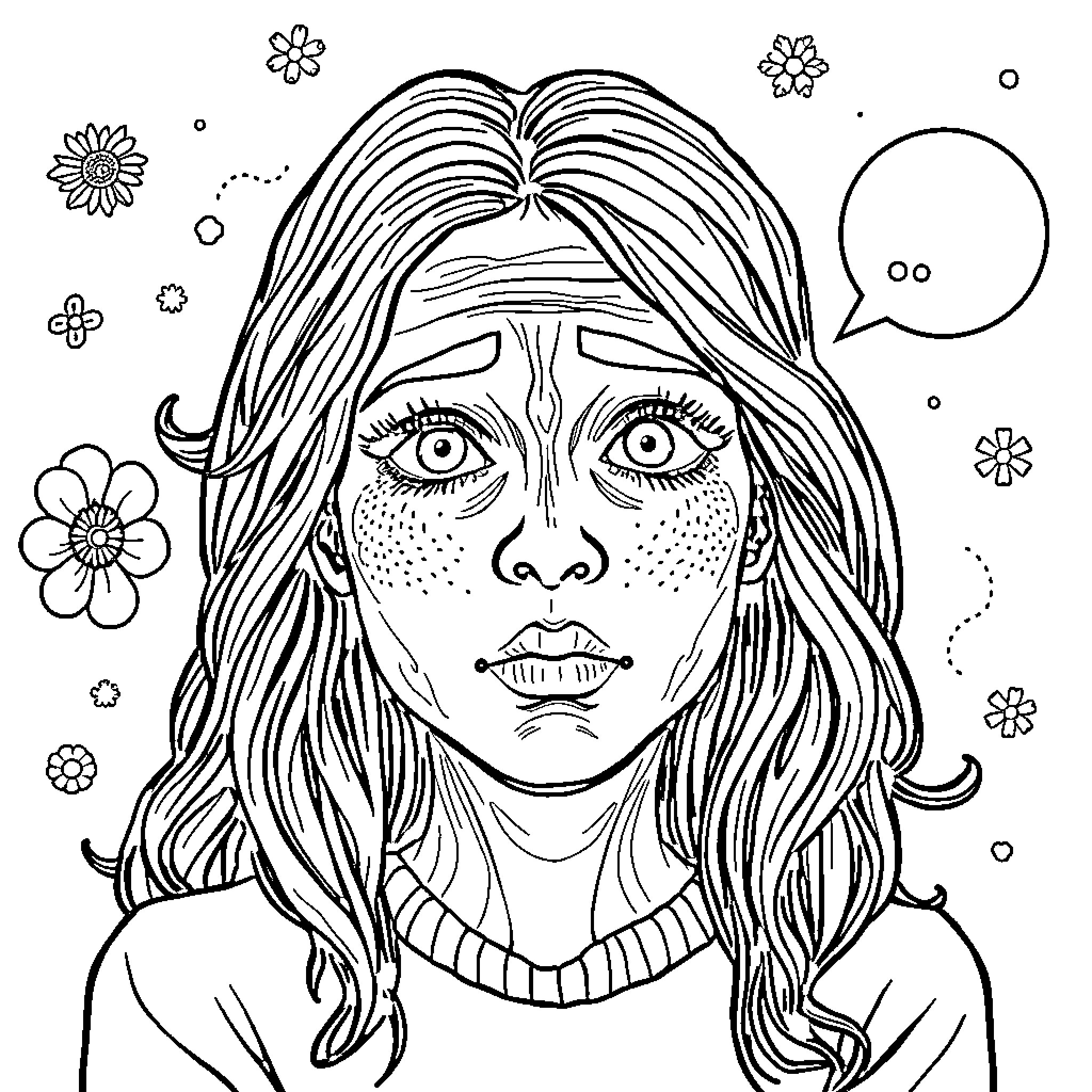 Anxiety expressed through a pensive young woman Coloring Page (free black-and-white line drawing printable PDF for all, from beginners to advanced learners, including children, teens, adults, and seniors)