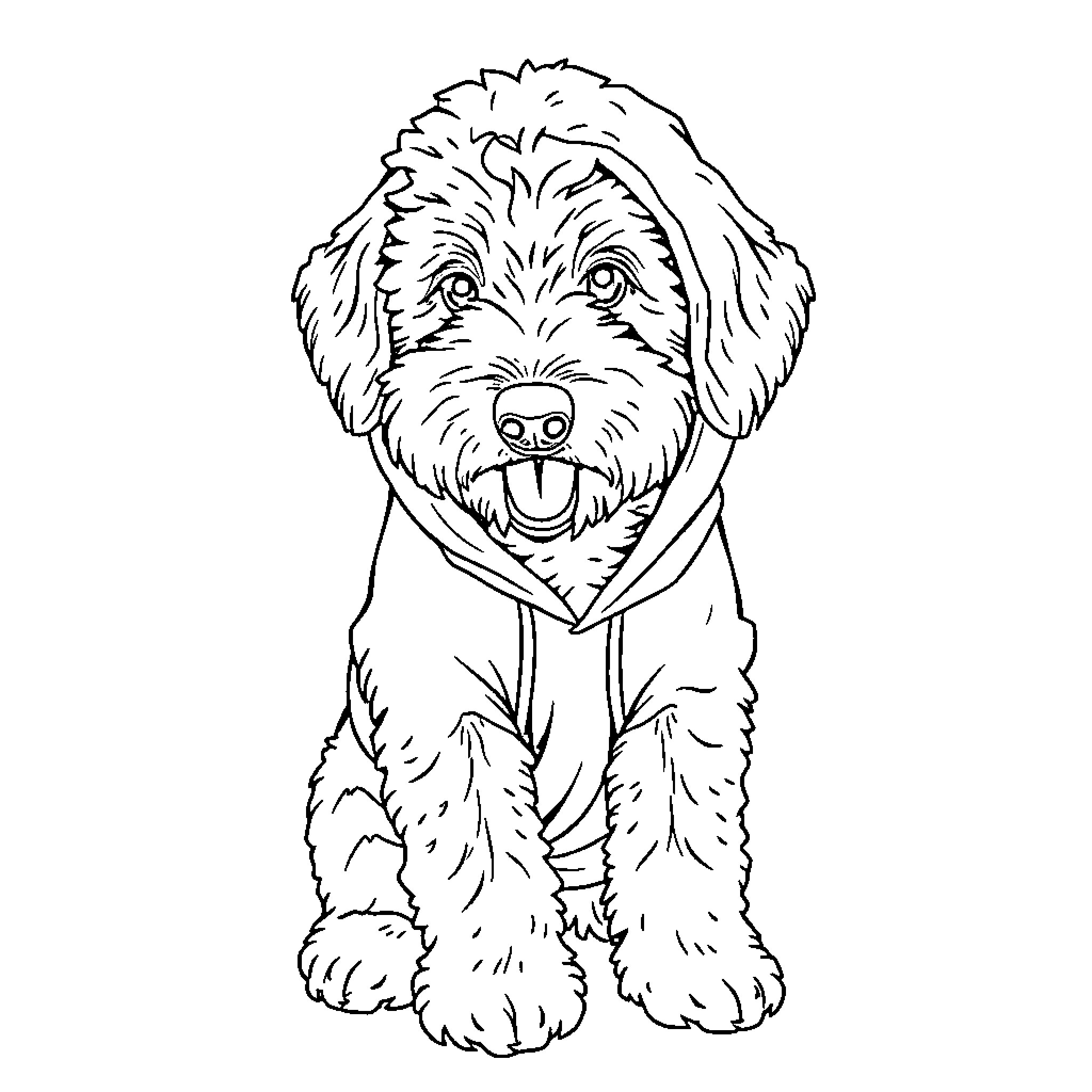 Labradoodle puppy sitting and smiling Coloring Page (free black-and-white line drawing printable PDF for all, from beginners to advanced learners, including children, teens, adults, and seniors)
