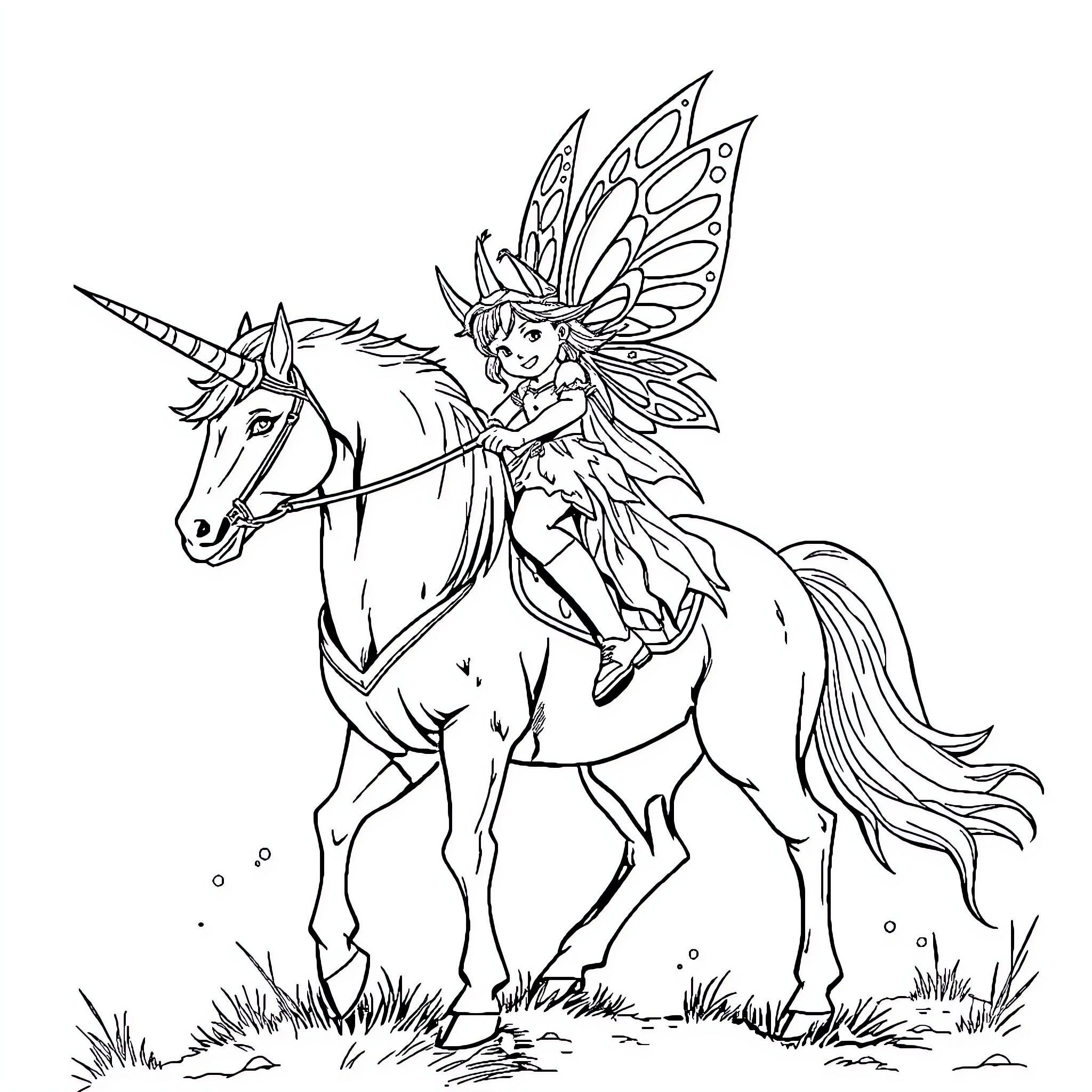 Fairy riding a magical unicorn in a field Coloring Page (free black-and-white line drawing printable PDF for all, from beginners to advanced learners, including children, teens, adults, and seniors)