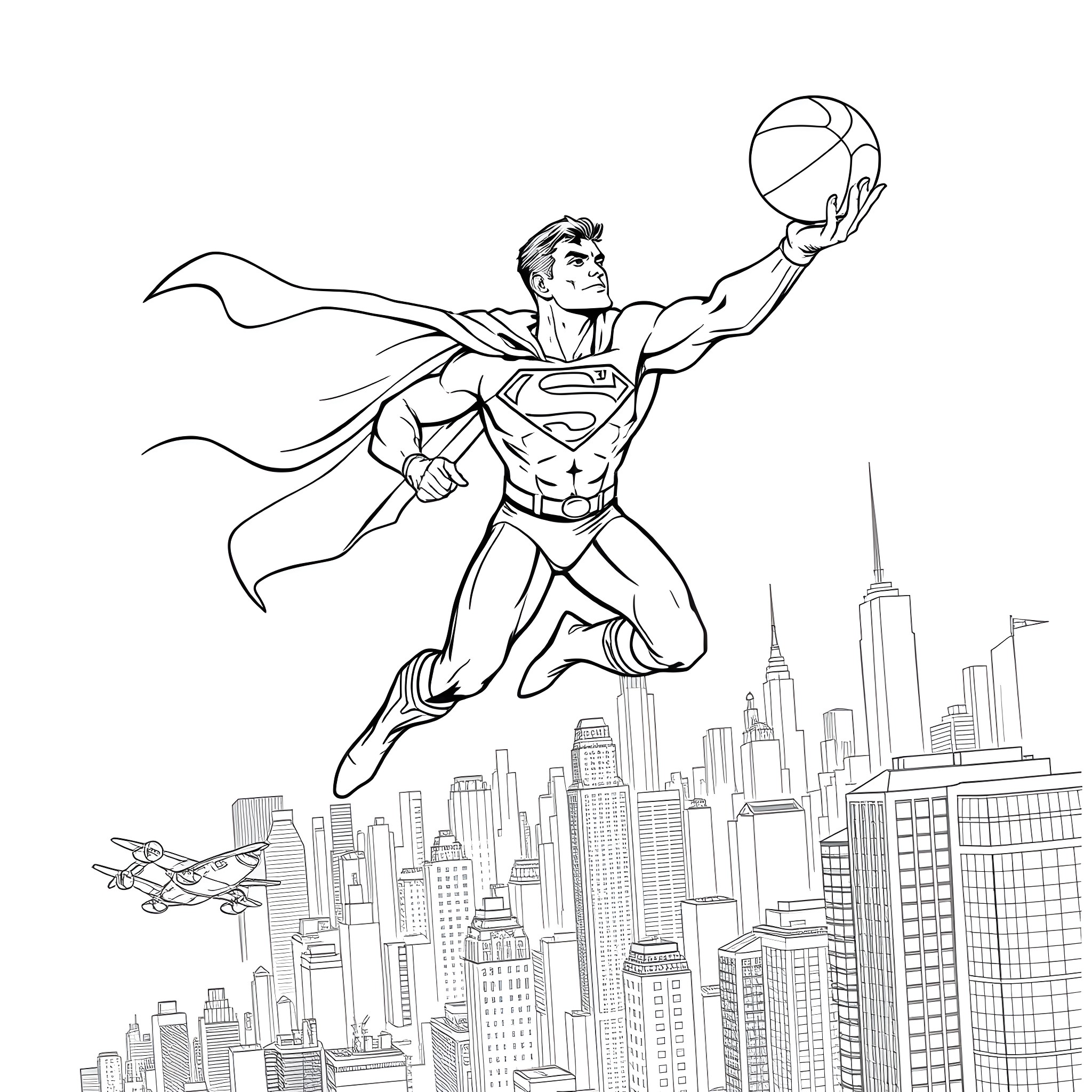 Superman soaring high above the city with a basketball Coloring Page (free black-and-white line drawing printable PDF for all, from beginners to advanced learners, including children, teens, adults, and seniors)