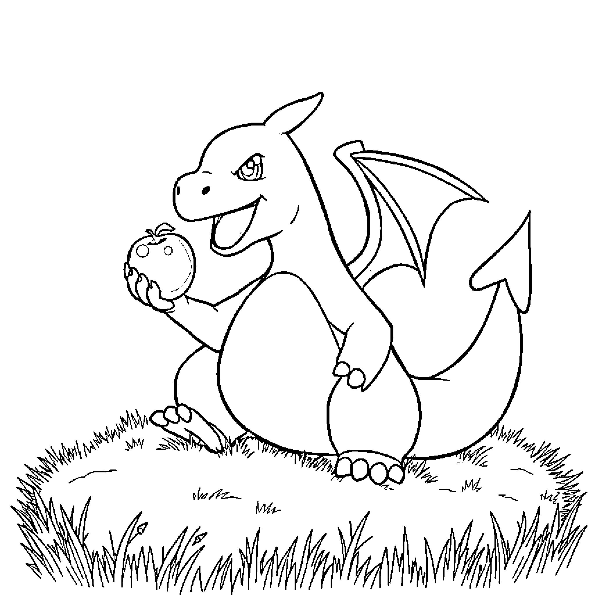 Charizard holding a Pokémon fruit in a grassy field Coloring Page (free black-and-white line drawing printable PDF for all, from beginners to advanced learners, including children, teens, adults, and seniors)