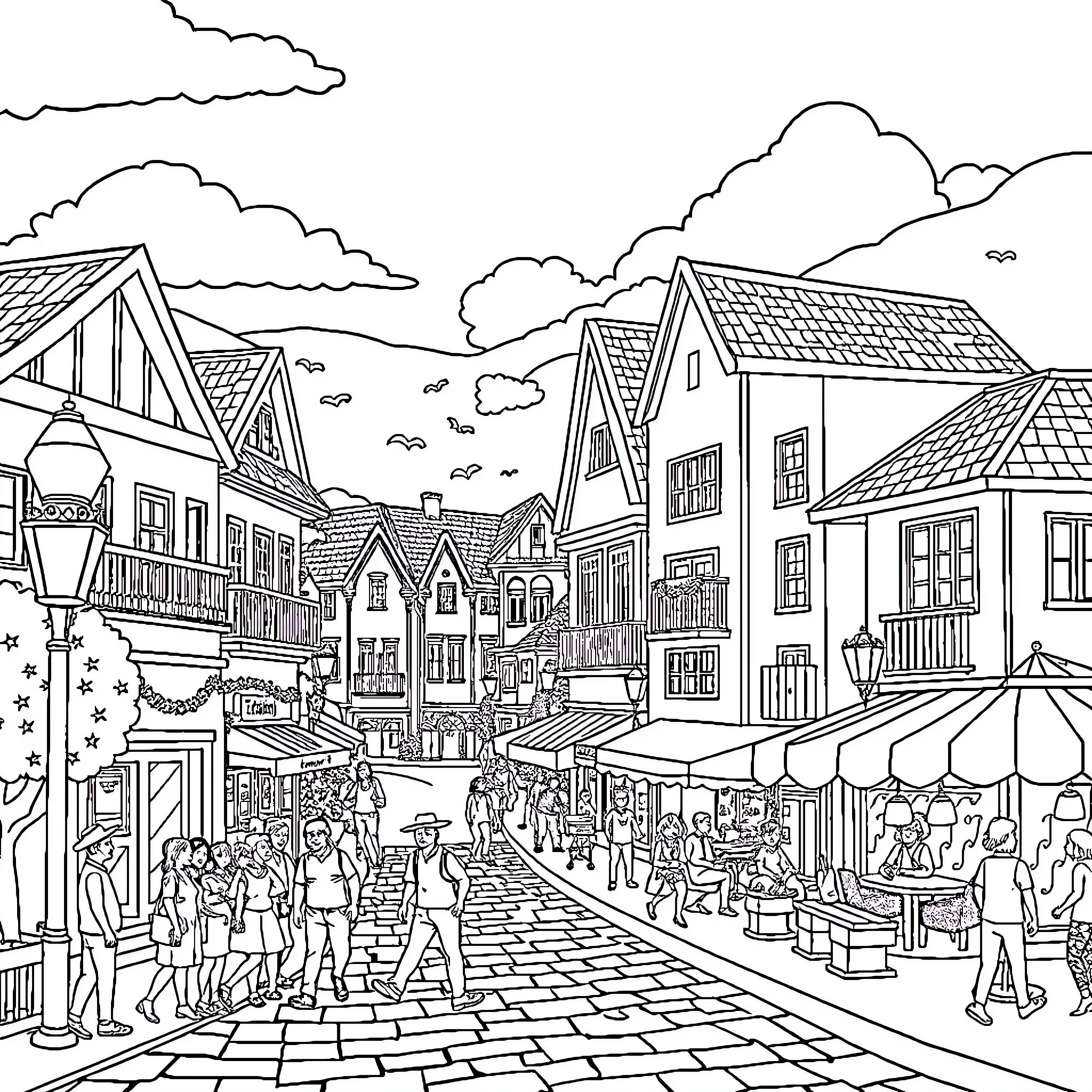 Talahon: Bustling Market Scene in a Quaint Town Coloring Page (free black-and-white line drawing printable PDF for all, from beginners to advanced learners, including children, teens, adults, and seniors)