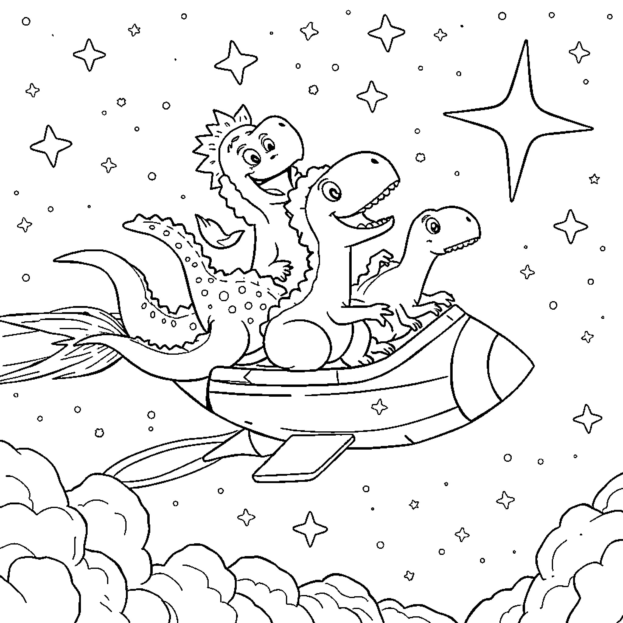 Dinosaurs riding a rocket through the starry night sky Coloring Page (free black-and-white line drawing printable PDF for all, from beginners to advanced learners, including children, teens, adults, and seniors)