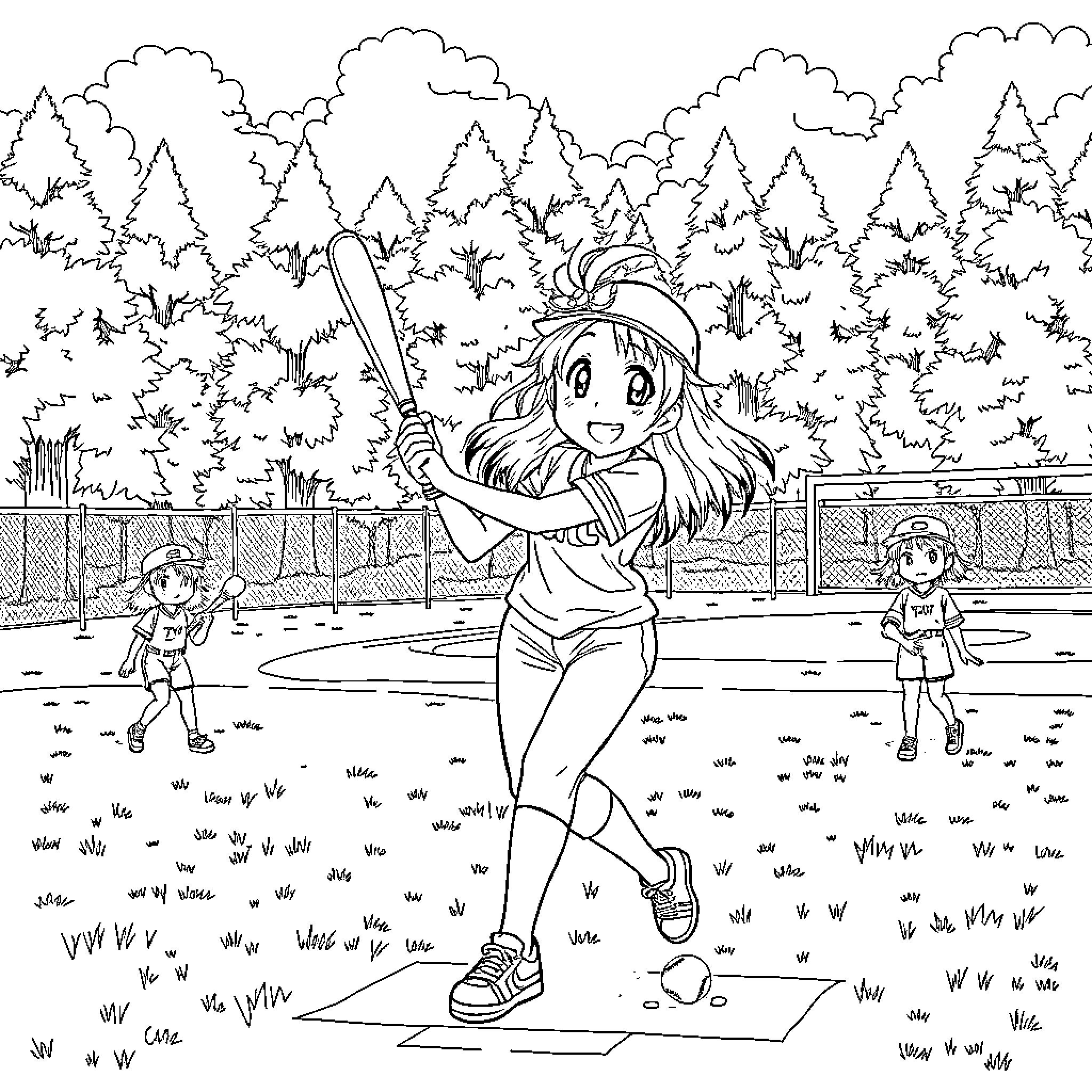 Kuromi playing baseball with friends in the park Coloring Page (free black-and-white line drawing printable PDF for all, from beginners to advanced learners, including children, teens, adults, and seniors)