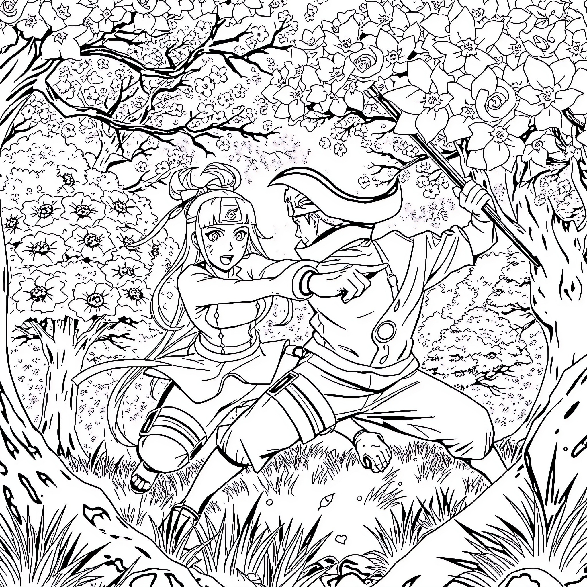 Sakura Lovers Embracing in Floral Wonderland Coloring Page (free black-and-white line drawing printable PDF for all, from beginners to advanced learners, including children, teens, adults, and seniors)