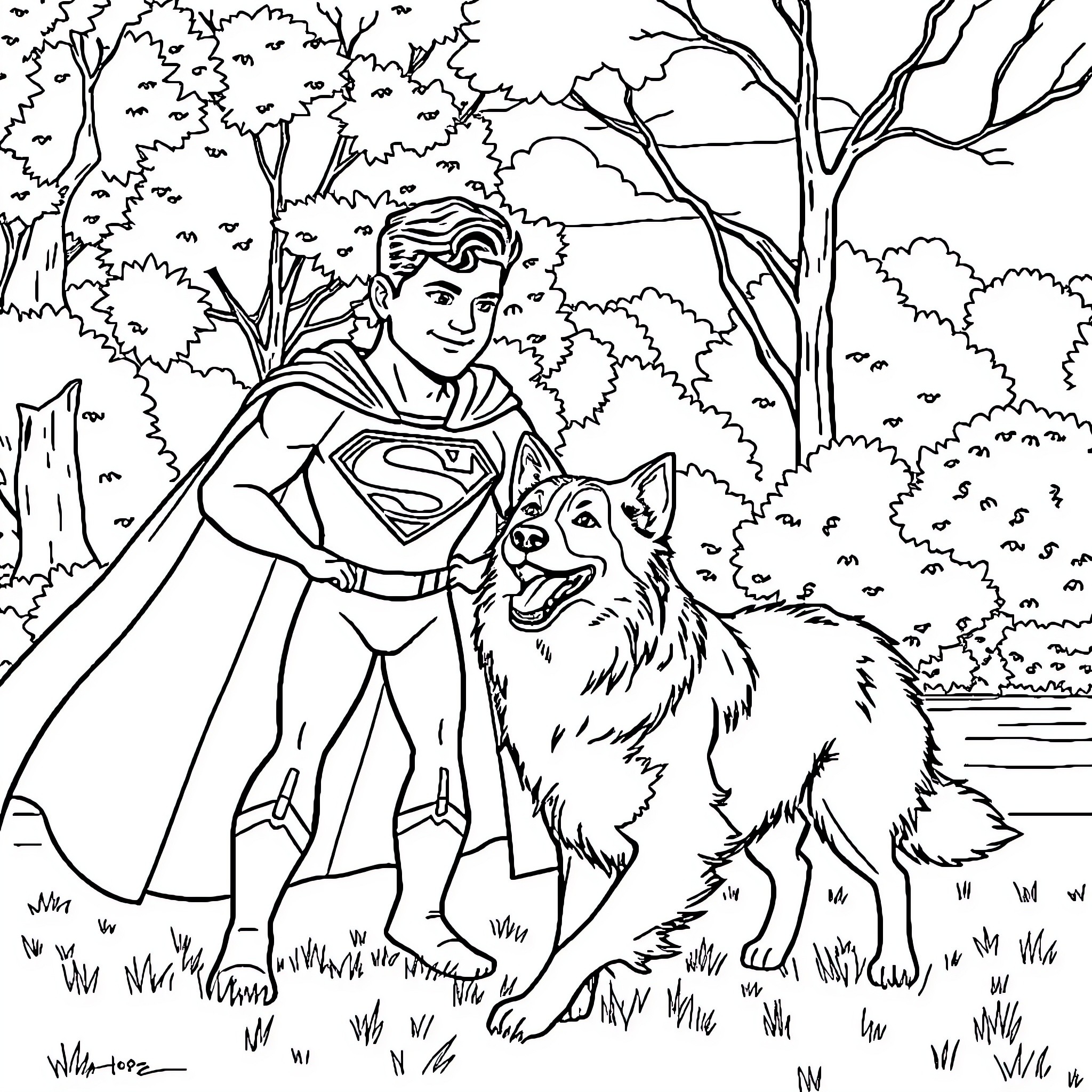 Superman exploring the forest with his loyal companion Coloring Page (free black-and-white line drawing printable PDF for all, from beginners to advanced learners, including children, teens, adults, and seniors)