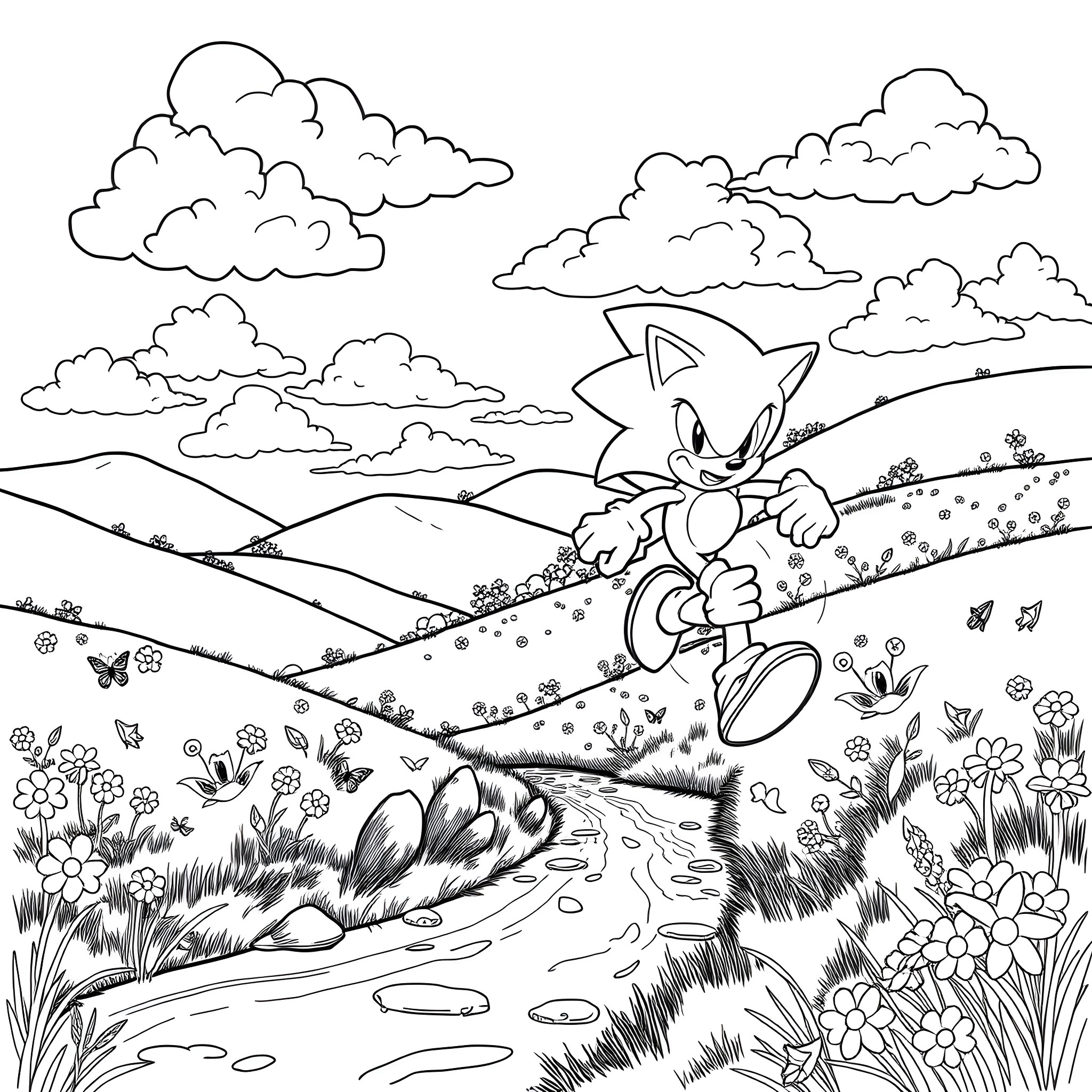 Sonic Running Joyfully Through a Scenic Landscape Coloring Page (free black-and-white line drawing printable PDF for all, from beginners to advanced learners, including children, teens, adults, and seniors)