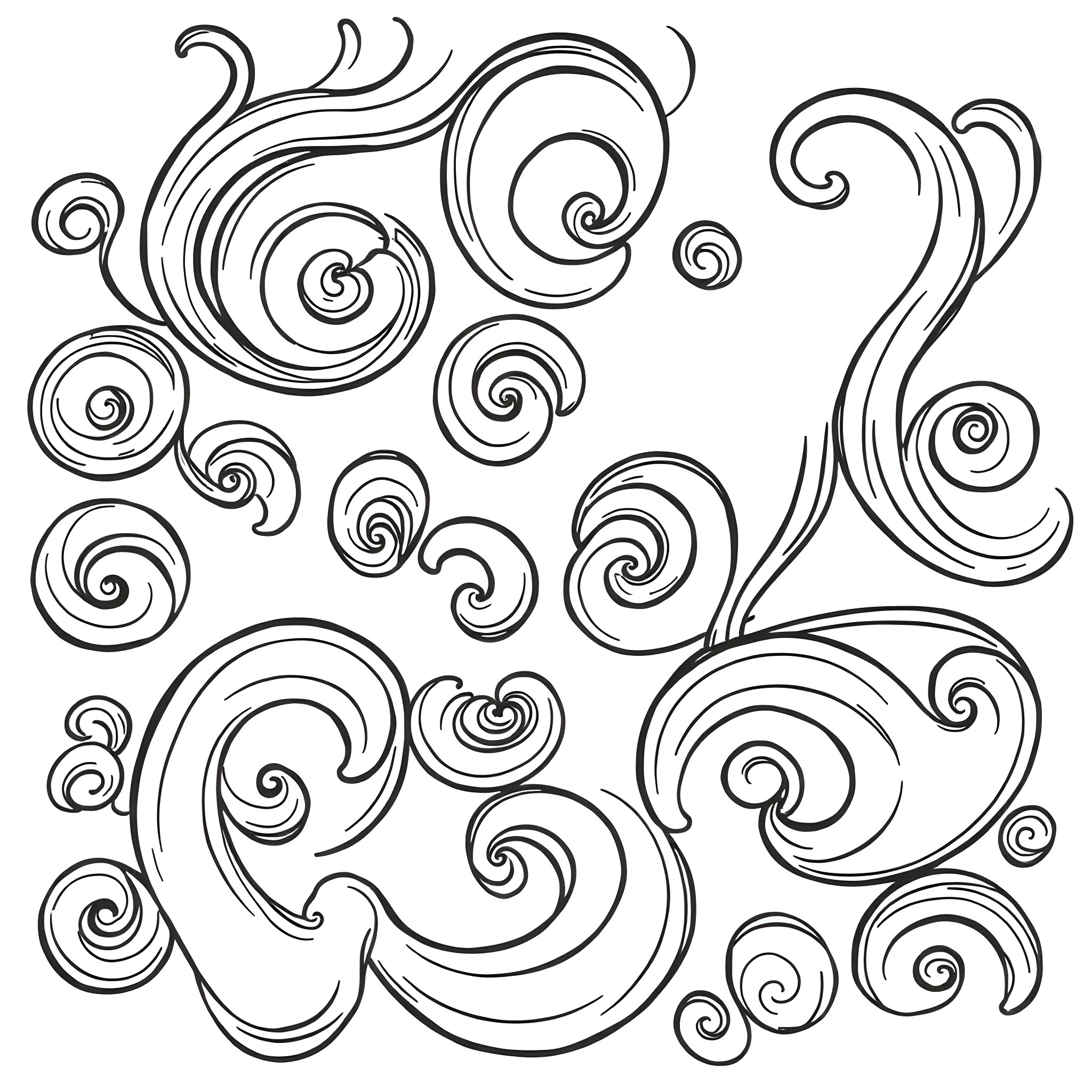 Swirl of Whimsical Shapes and Curves Coloring Page (free black-and-white line drawing printable PDF for all, from beginners to advanced learners, including children, teens, adults, and seniors)