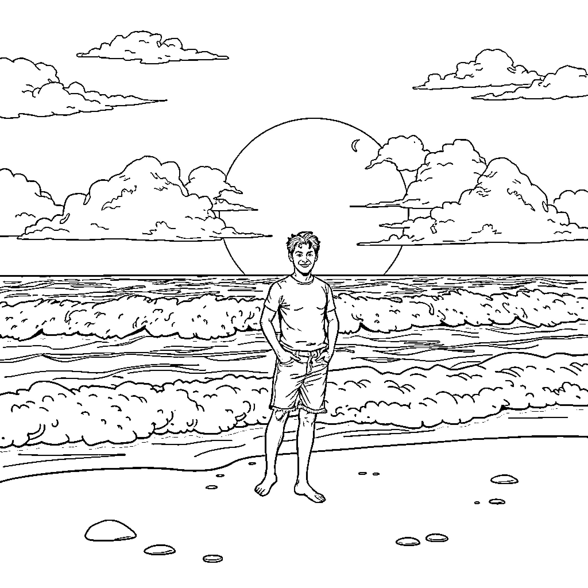 Walter Uzca enjoying the sunset by the beach Coloring Page (free black-and-white line drawing printable PDF for all, from beginners to advanced learners, including children, teens, adults, and seniors)