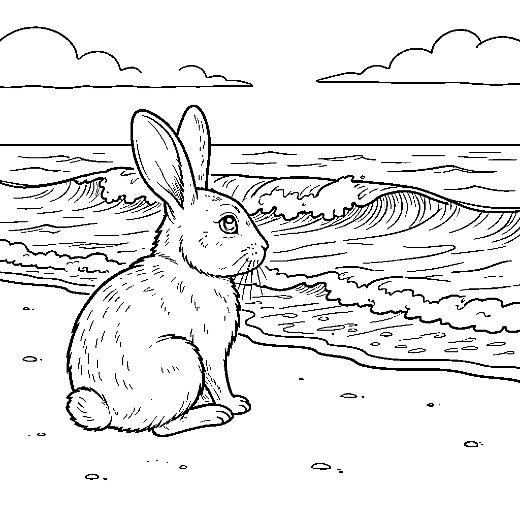 Rabbit sitting peacefully on the beach watching ocean waves Coloring Page (free black-and-white line drawing printable PDF for all, from beginners to advanced learners, including children, teens, adults, and seniors)